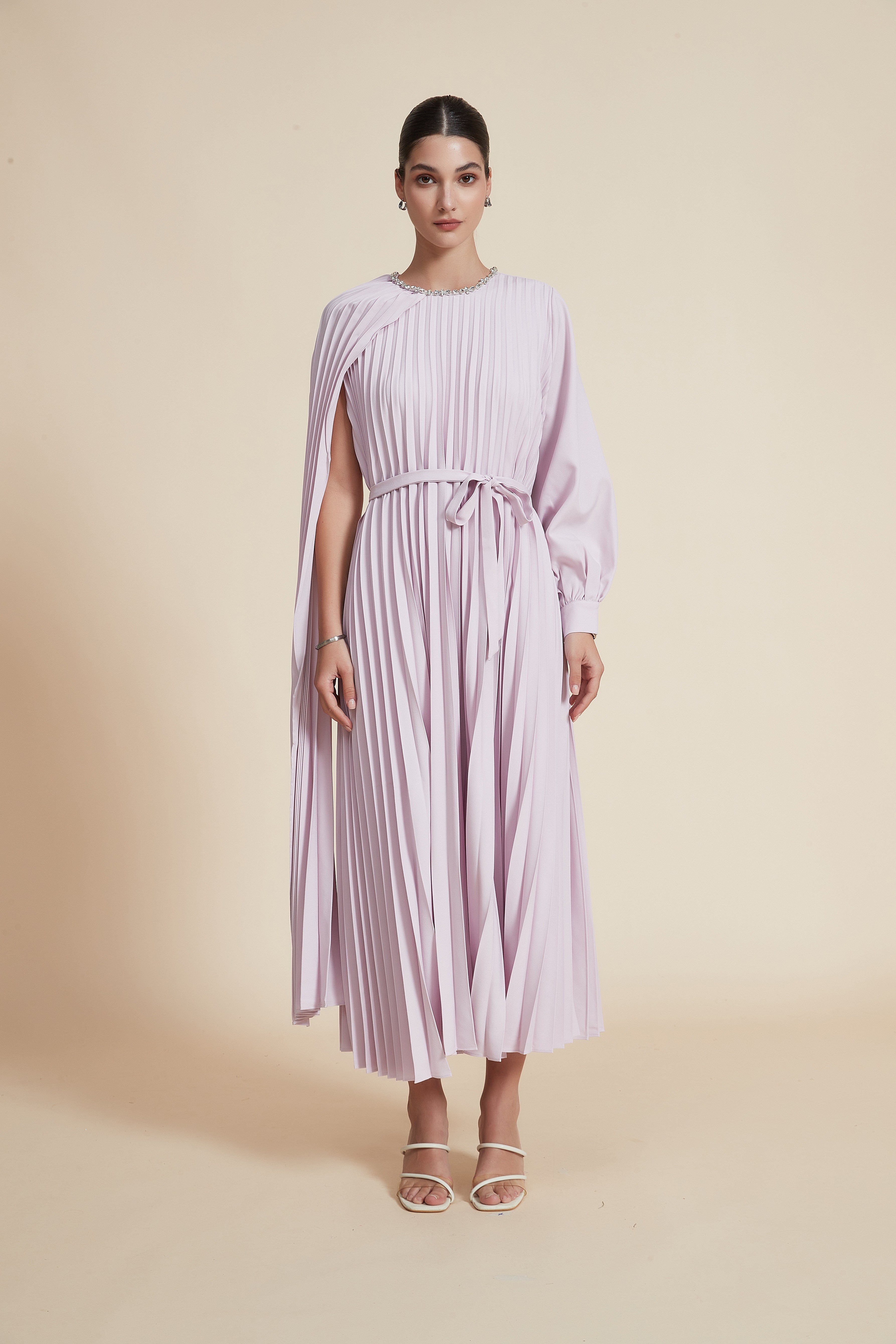 Midi Dress with One Sleeve and Round Neck