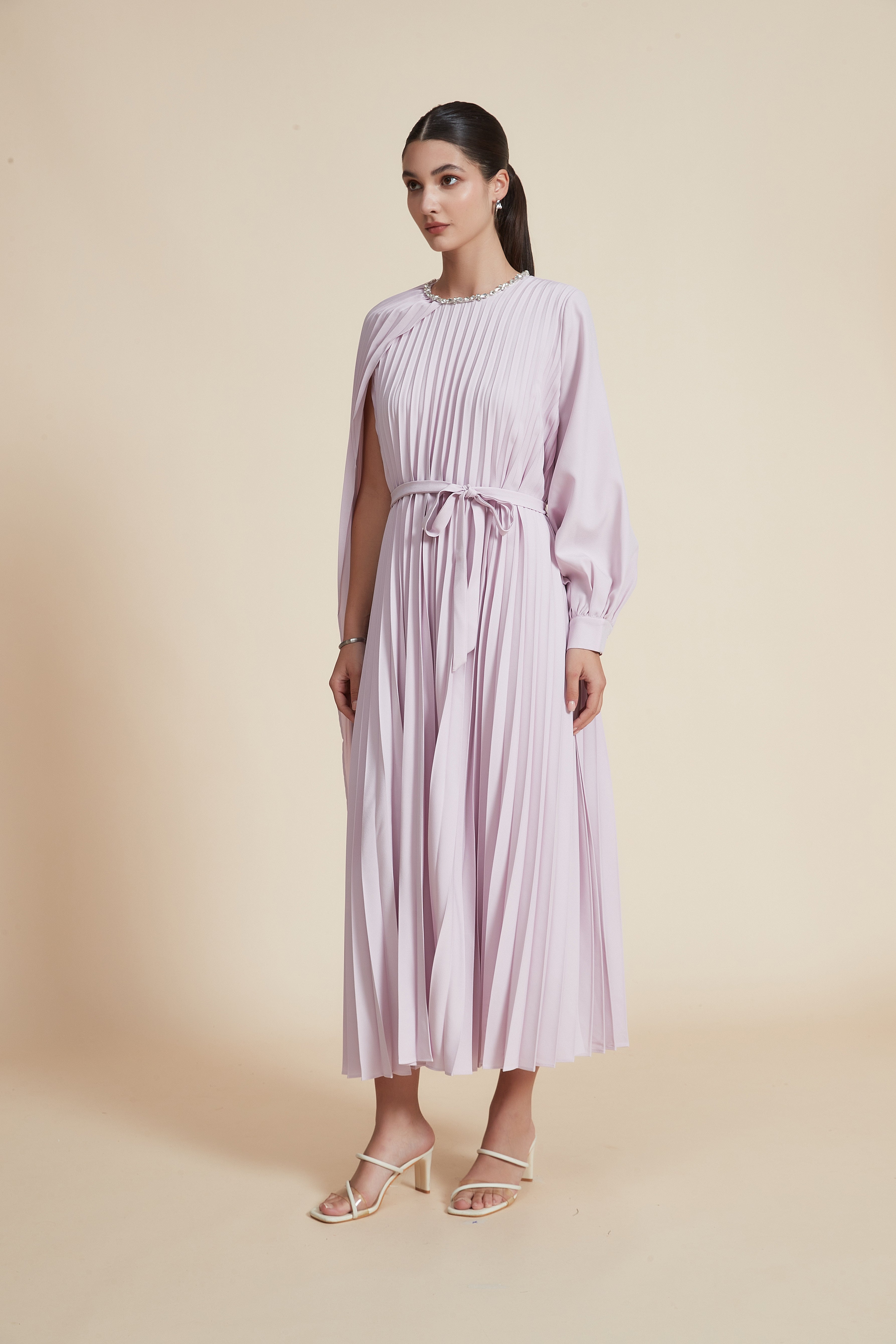 Midi Dress with One Sleeve and Round Neck