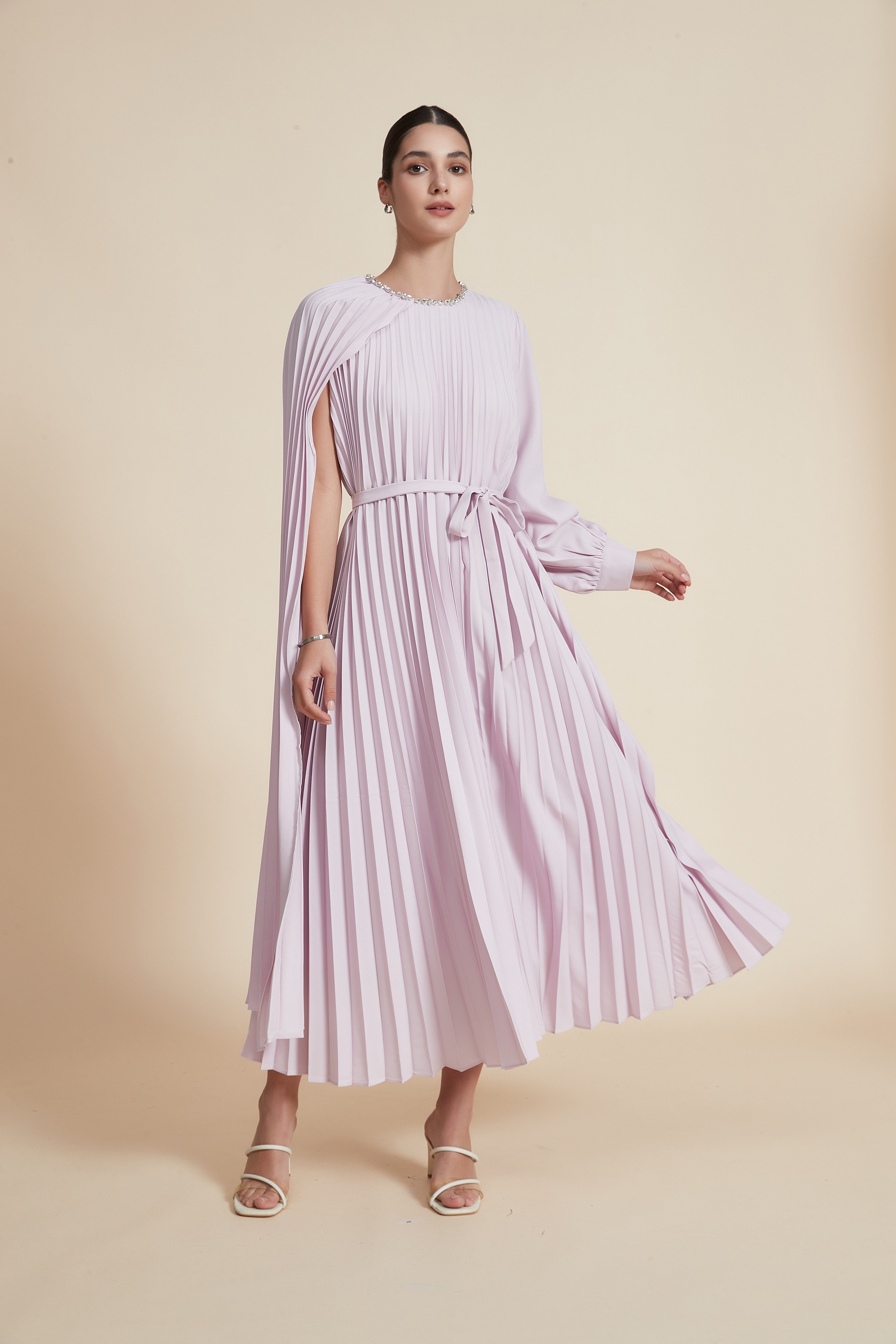 Midi Dress with One Sleeve and Round Neck