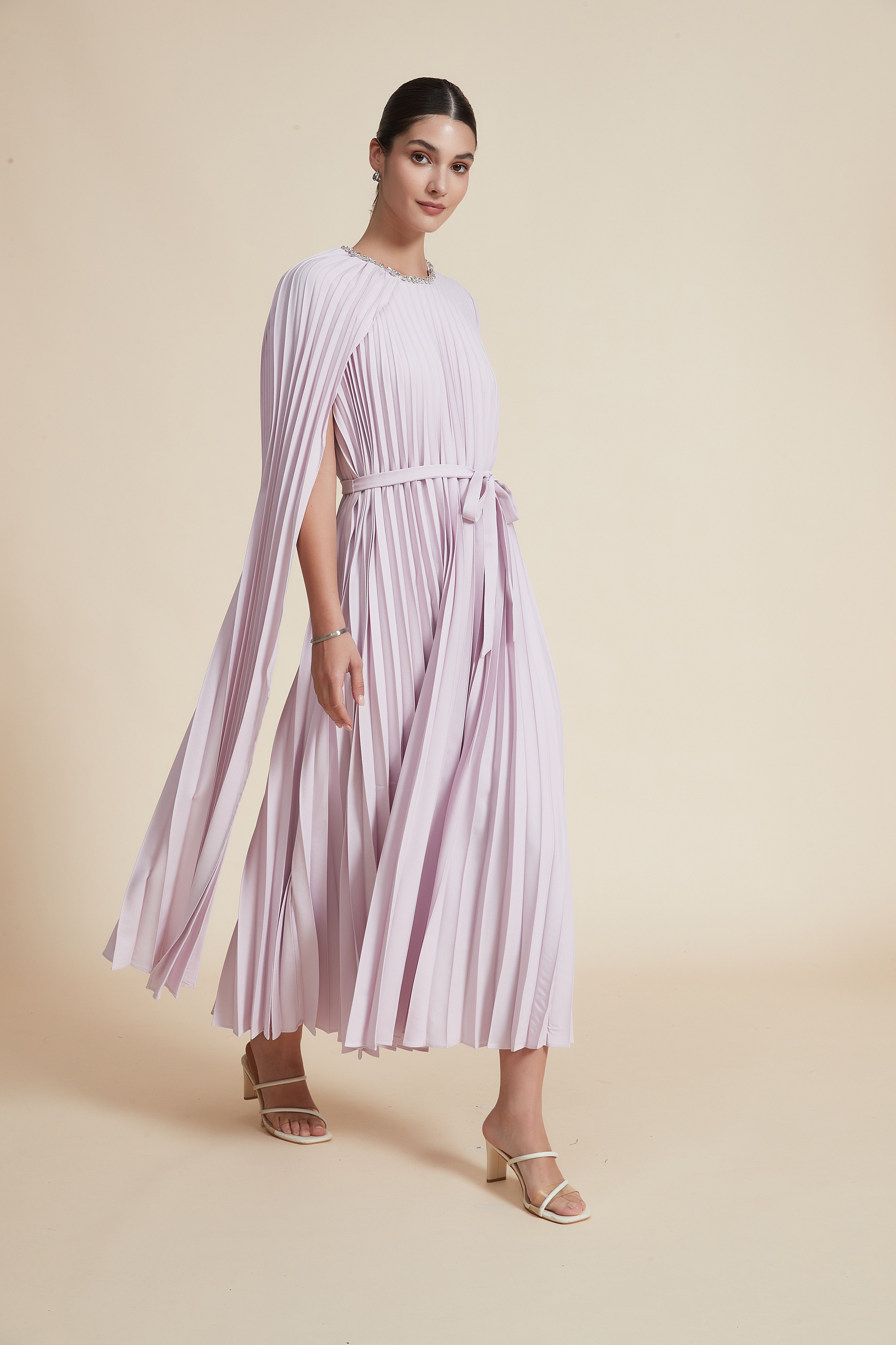 Midi Dress with One Sleeve and Round Neck