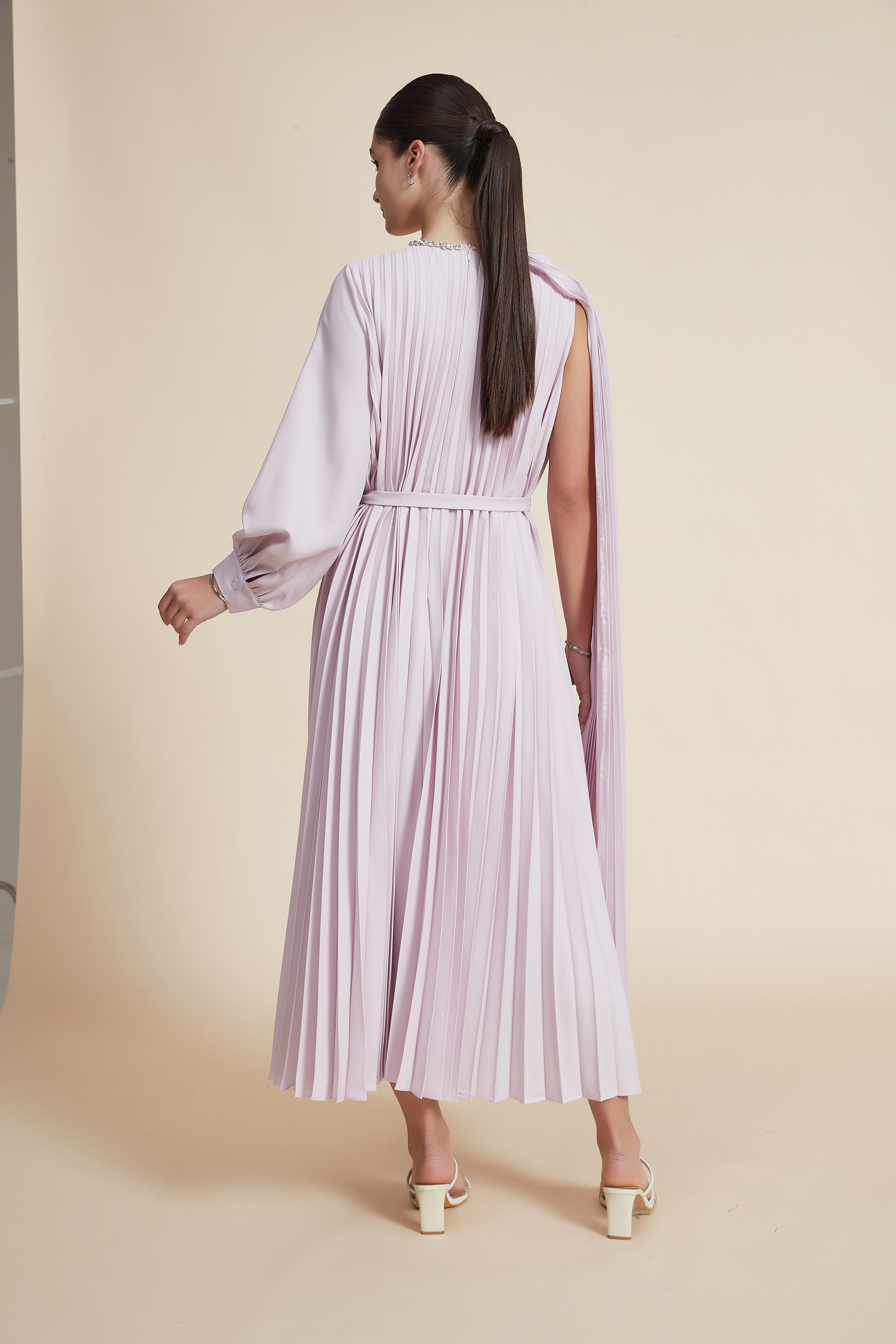 Midi Dress with One Sleeve and Round Neck