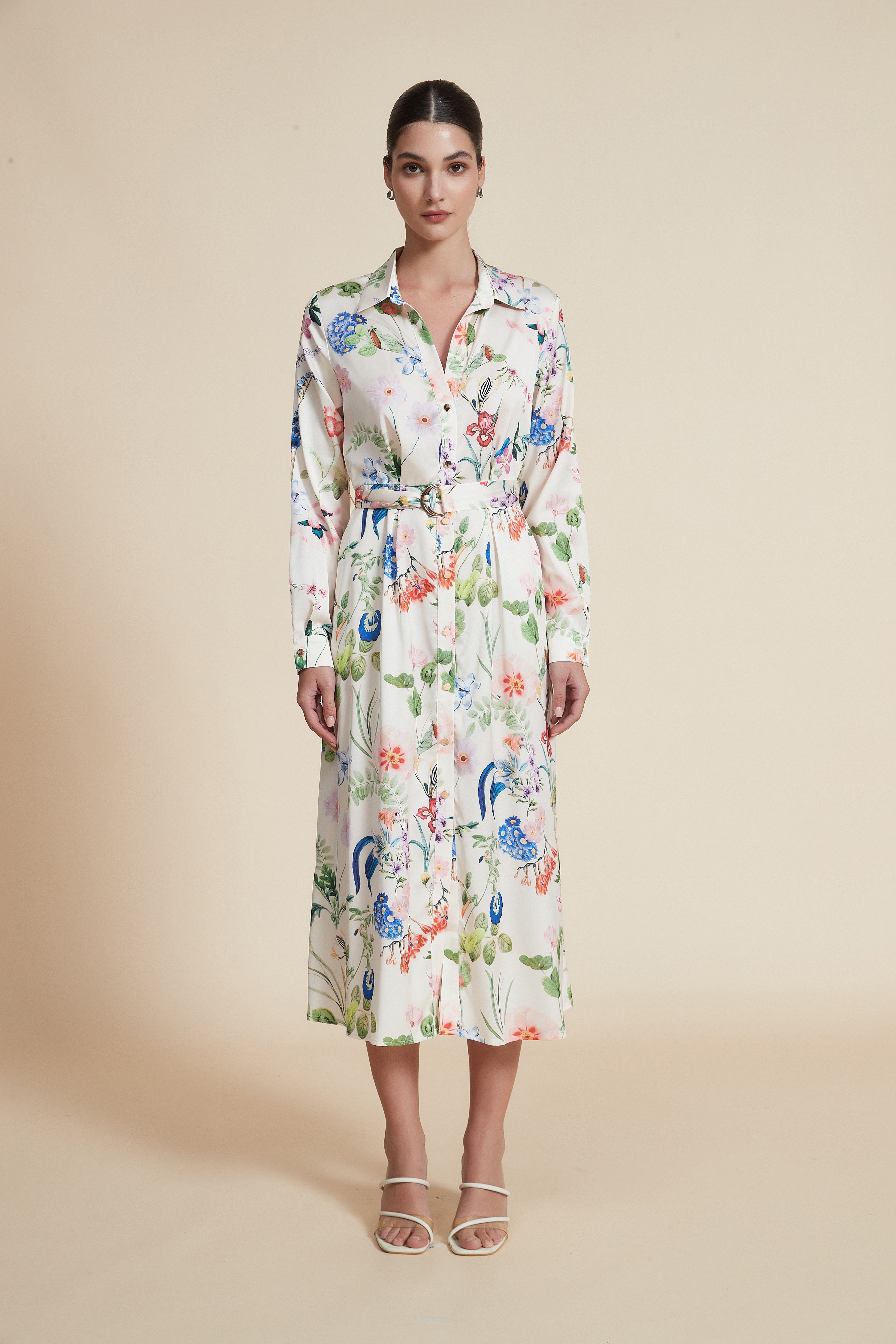 Midi Dress with Shirt Collar and Long Sleeves