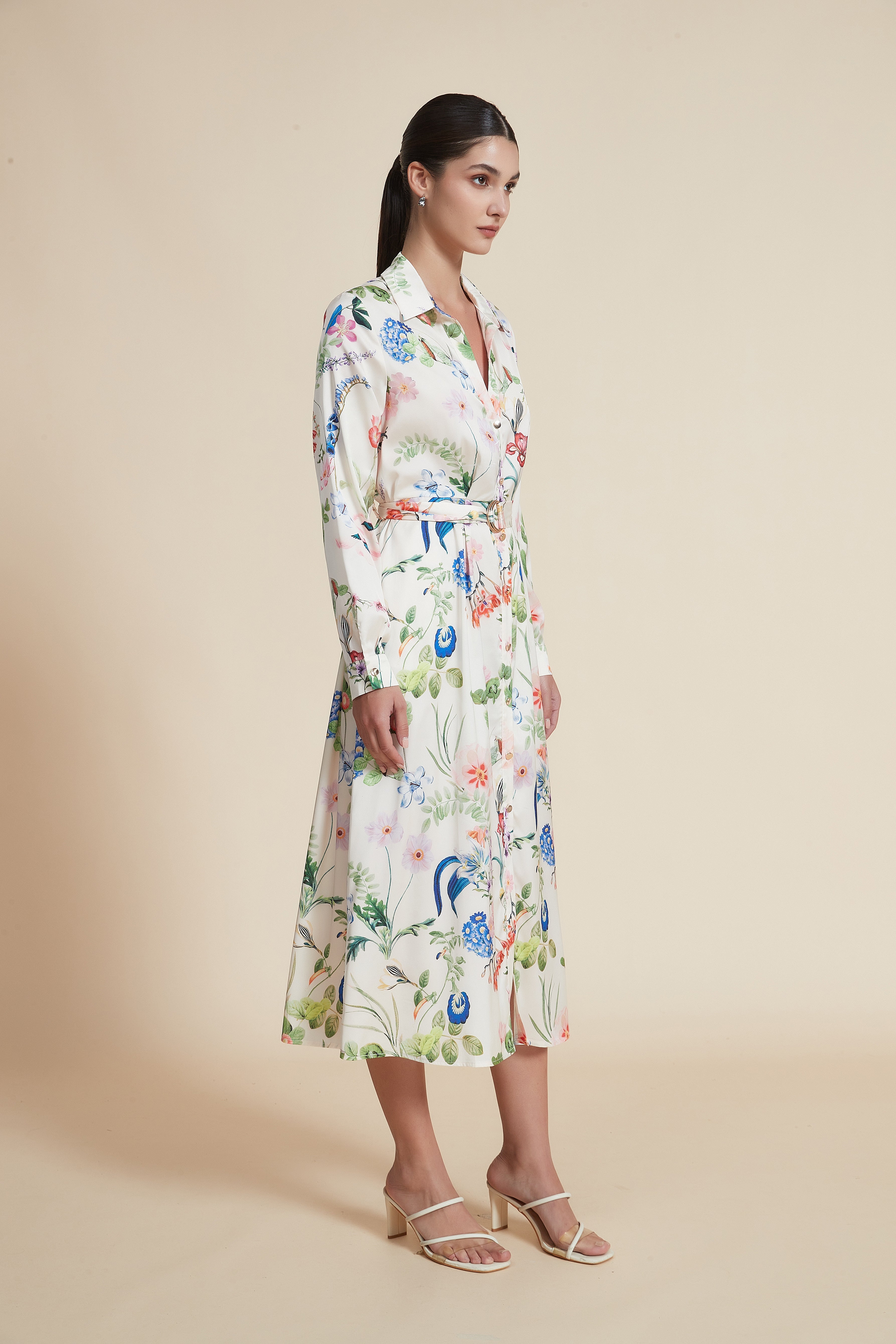 Midi Dress with Shirt Collar and Long Sleeves