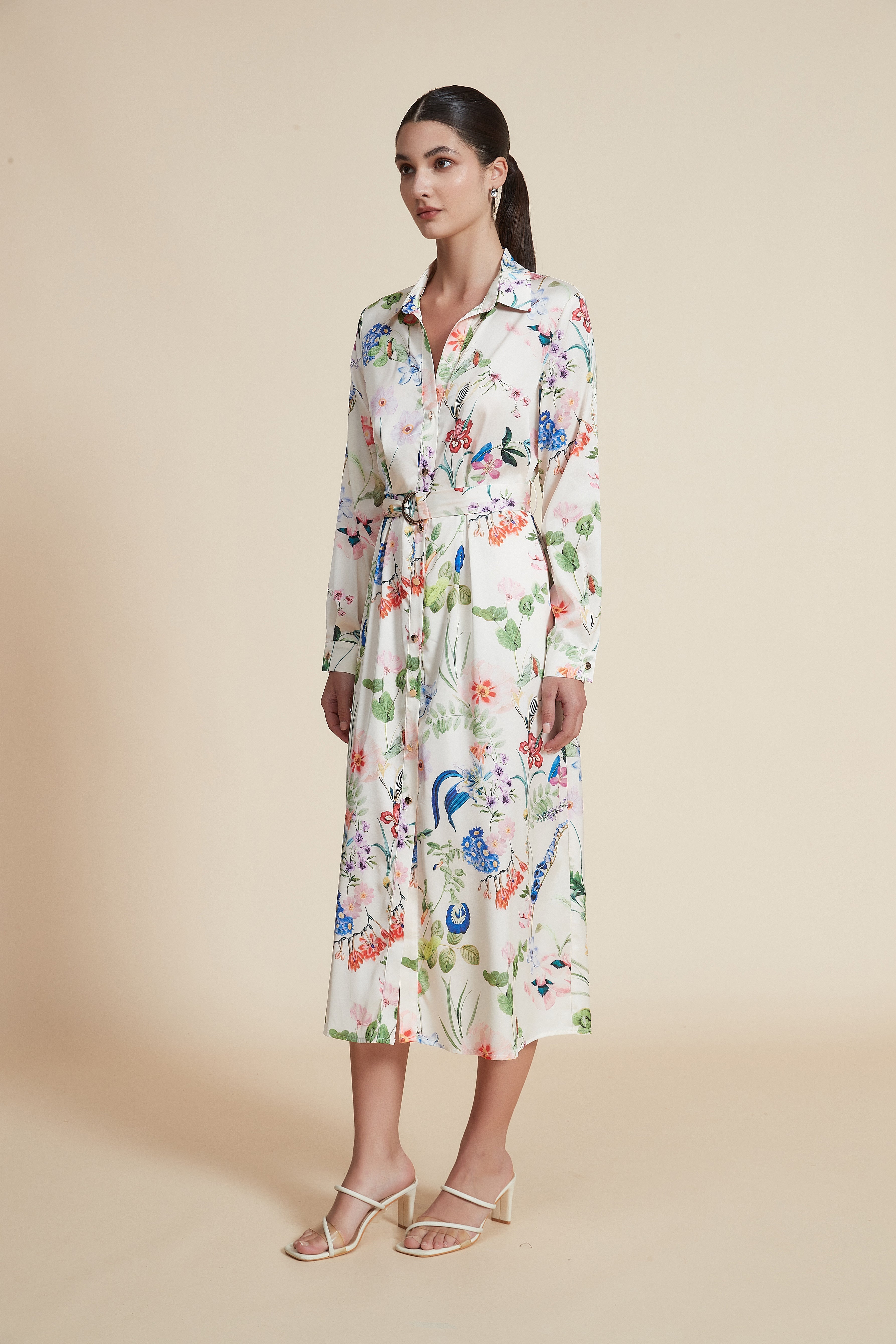 Midi Dress with Shirt Collar and Long Sleeves