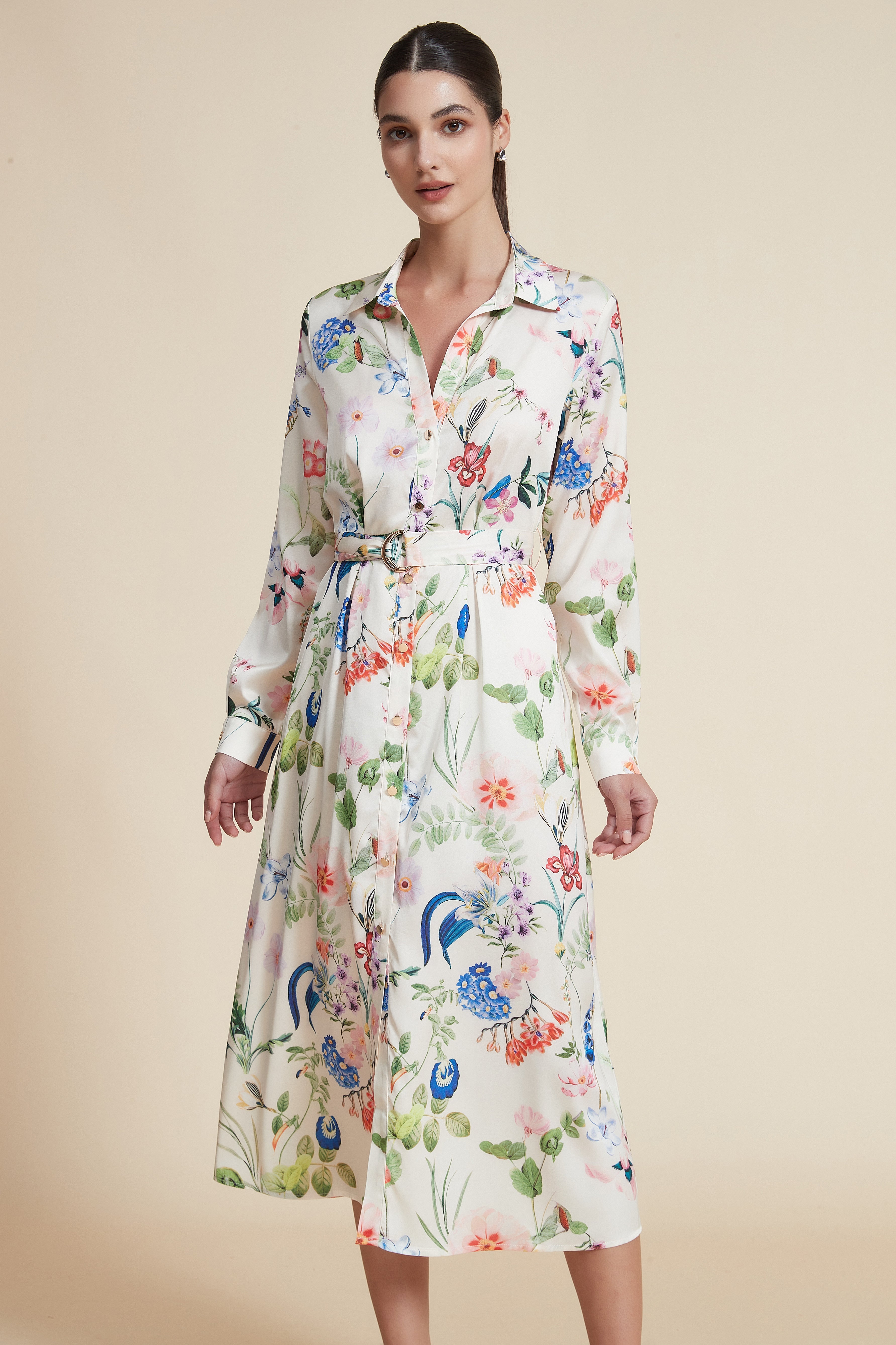 Midi Dress with Shirt Collar and Long Sleeves