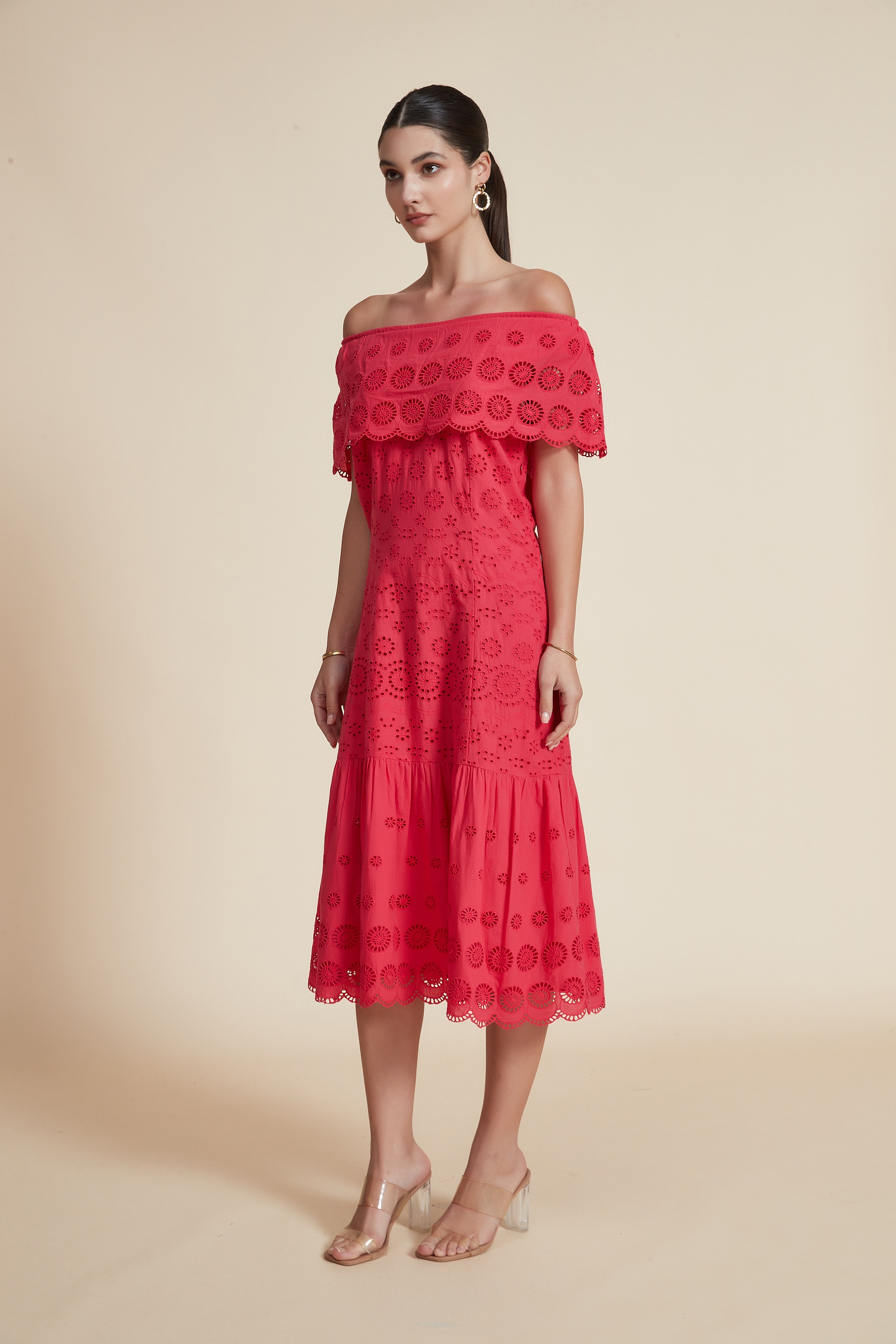 Ruffled Off-Shoulder Midi Dress