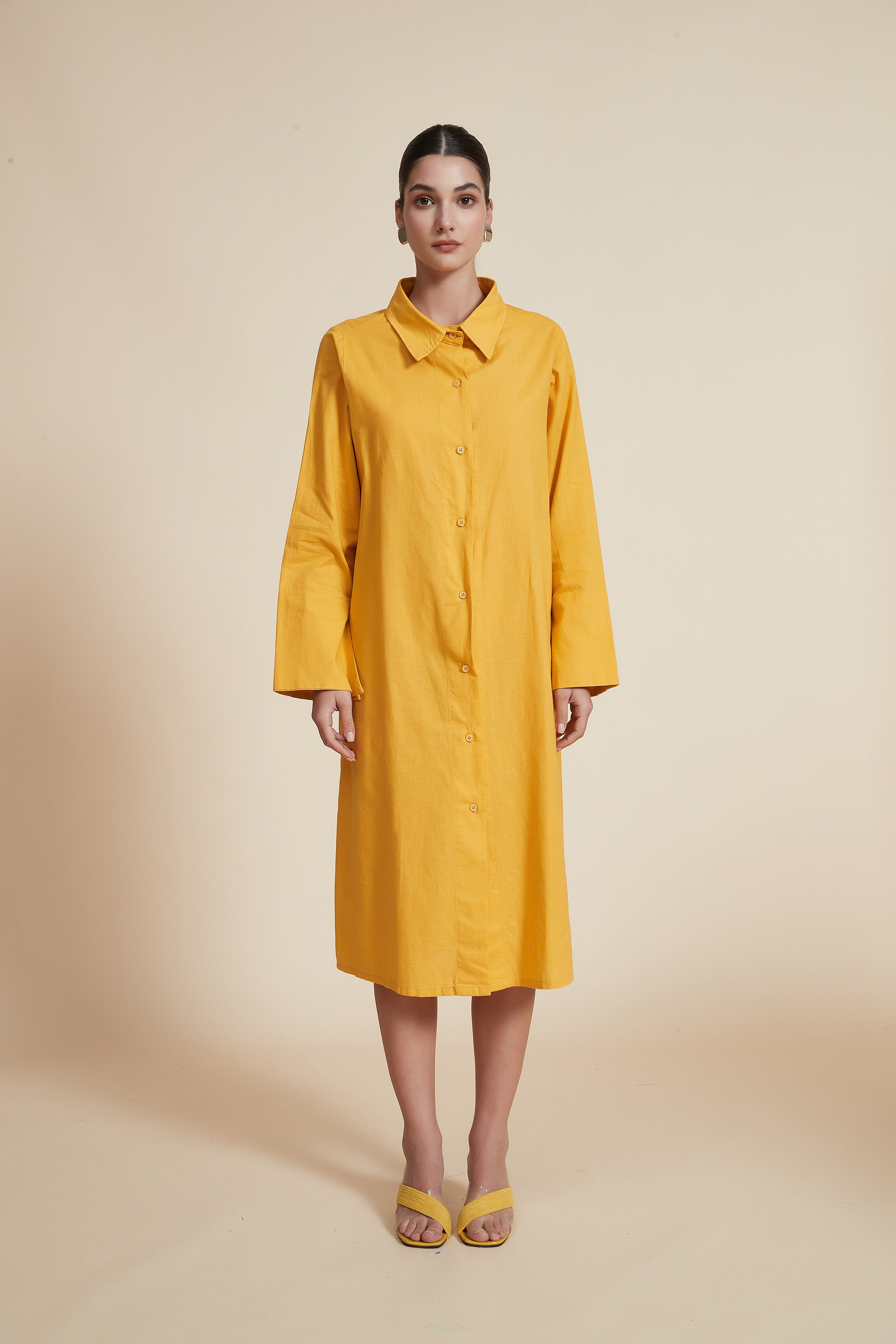Midi Dress with Shirt Collar and Long Sleeves