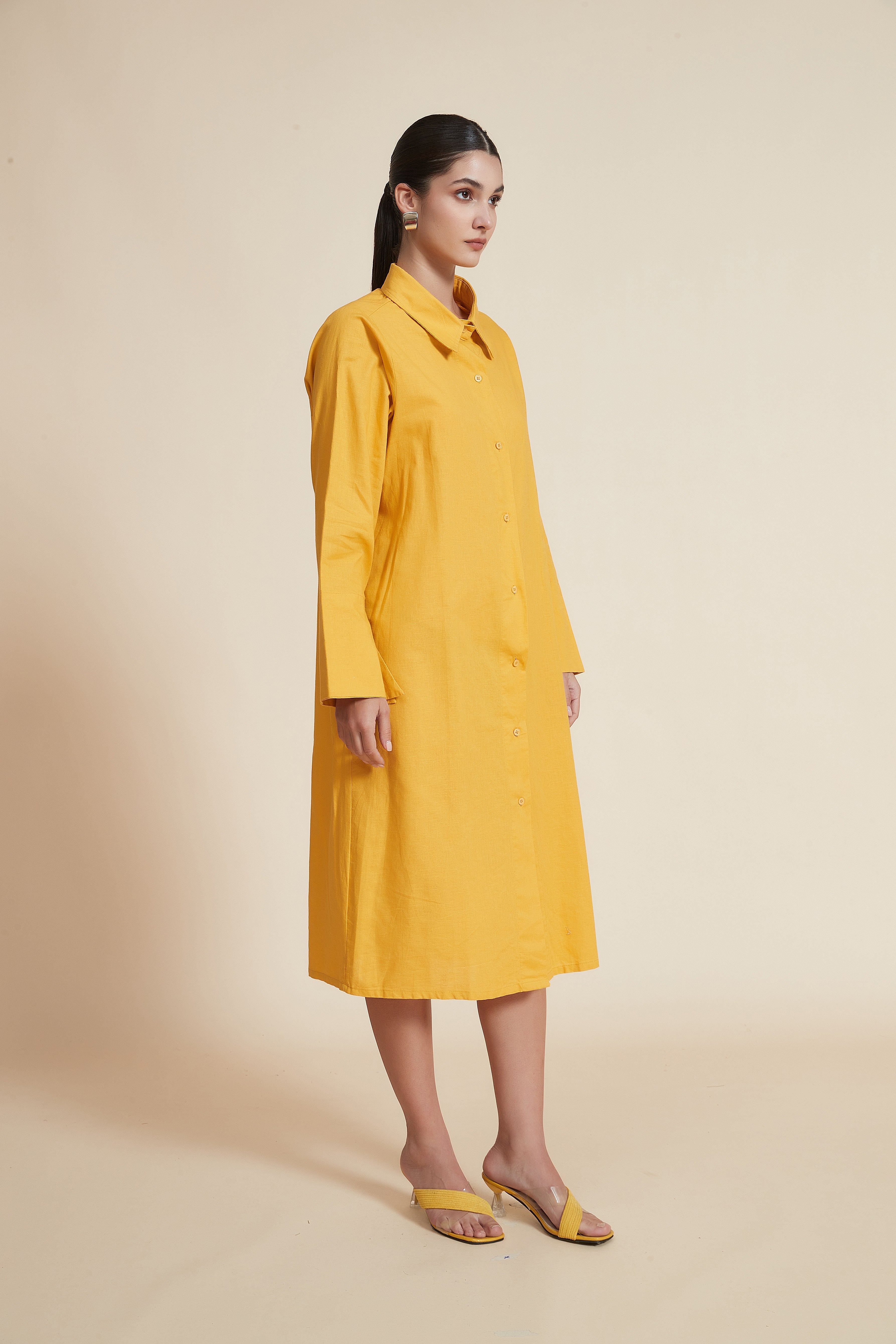 Midi Dress with Shirt Collar and Long Sleeves