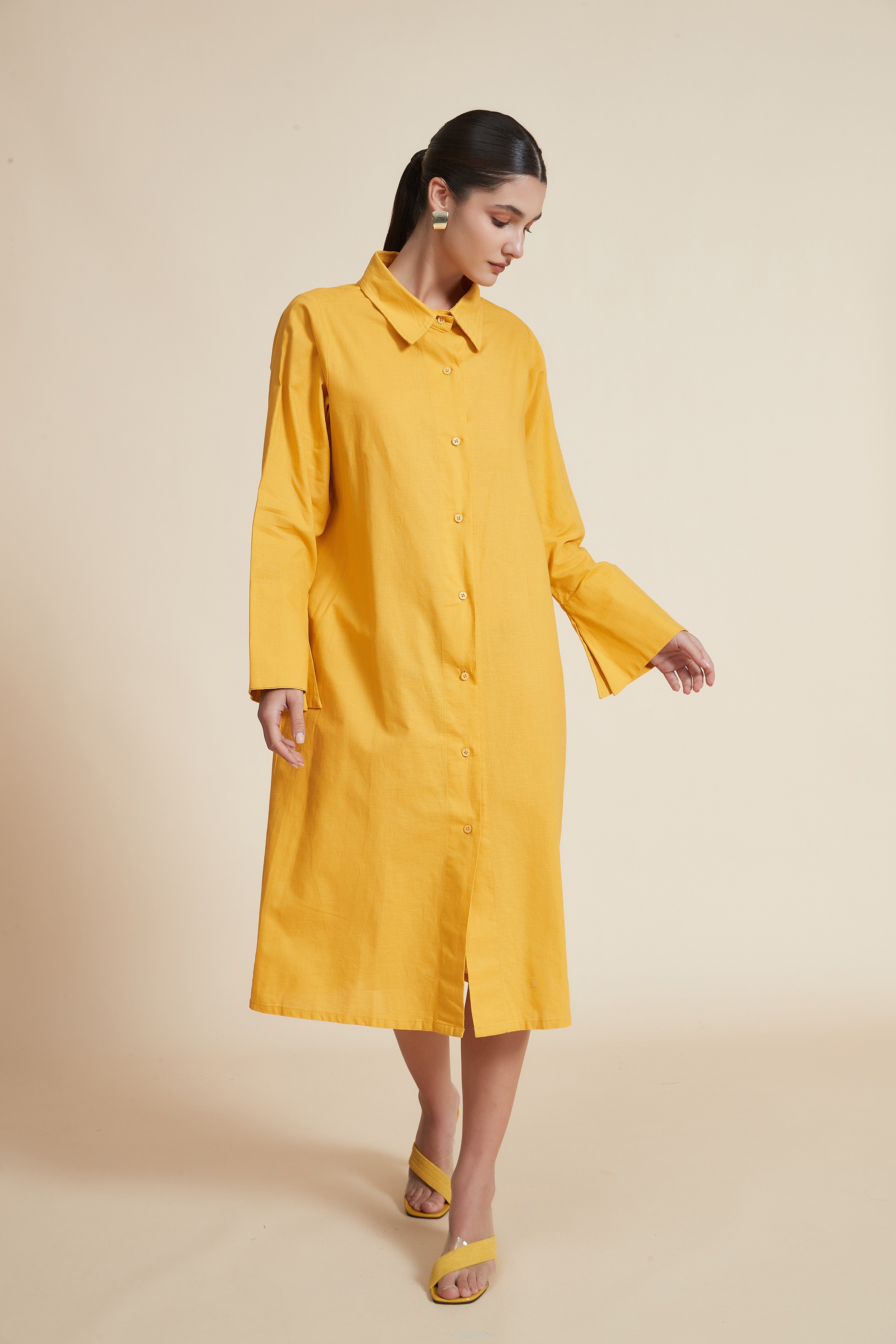 Midi Dress with Shirt Collar and Long Sleeves