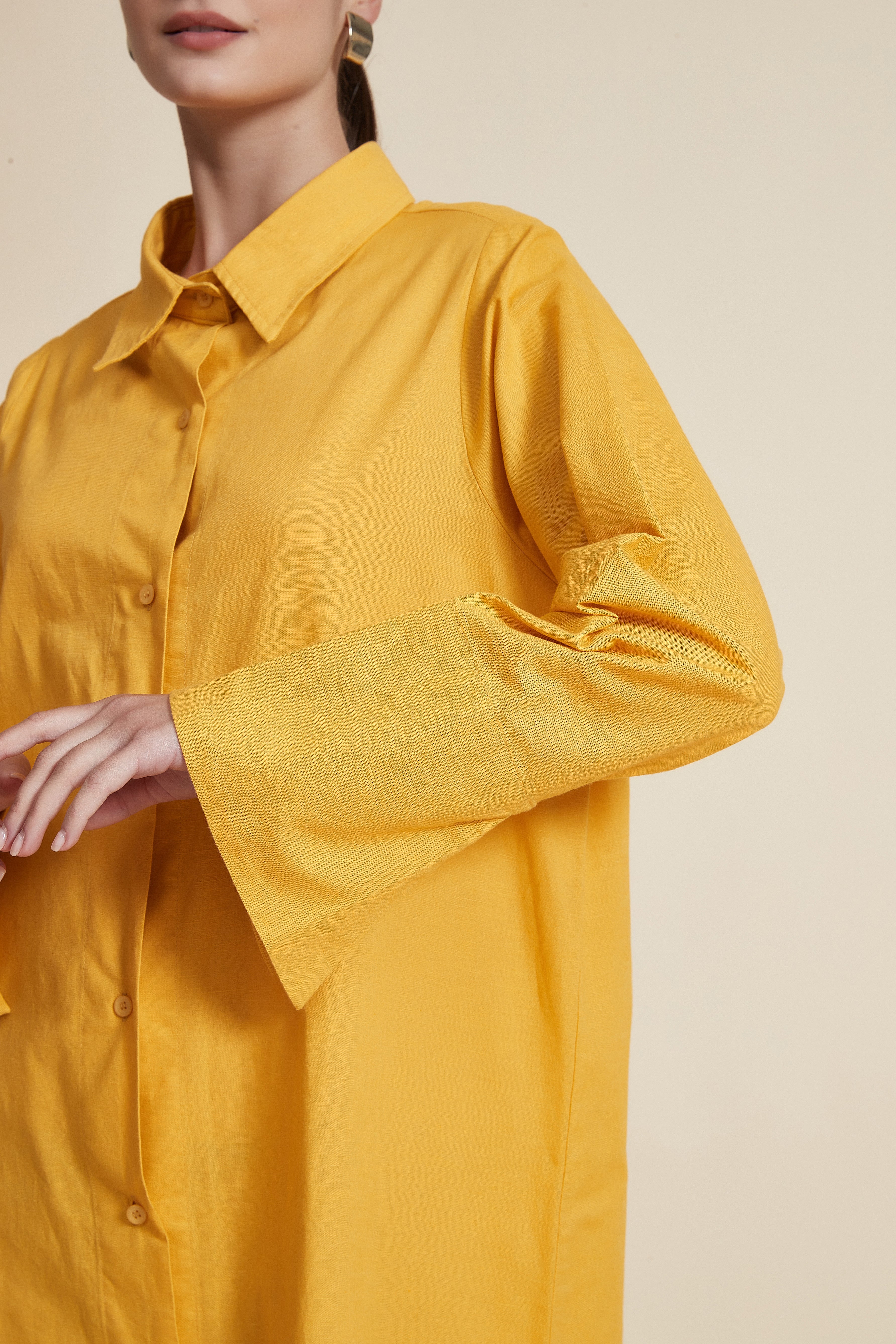 Midi Dress with Shirt Collar and Long Sleeves