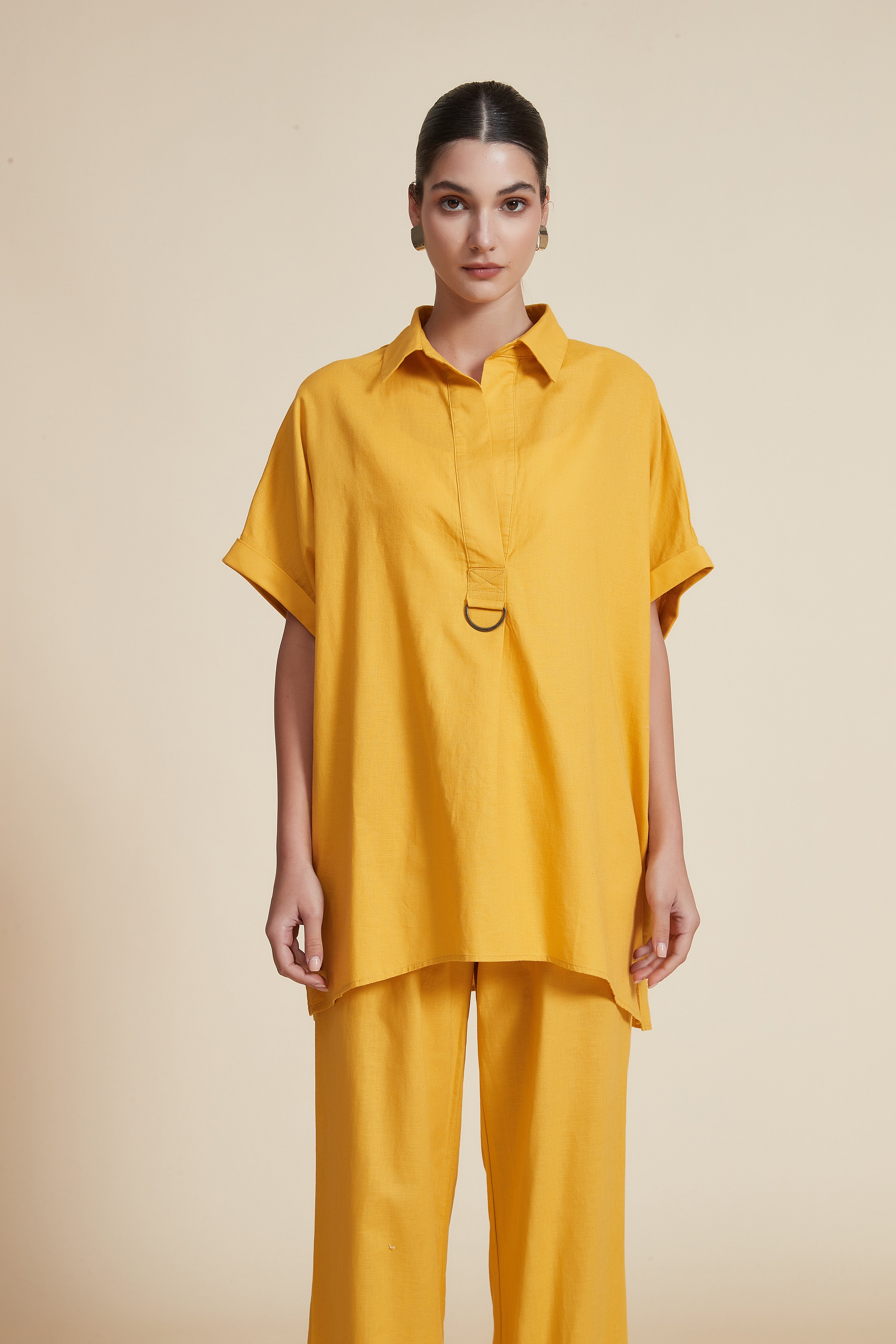 Plain Shirt Collar Half Sleeve Blouse