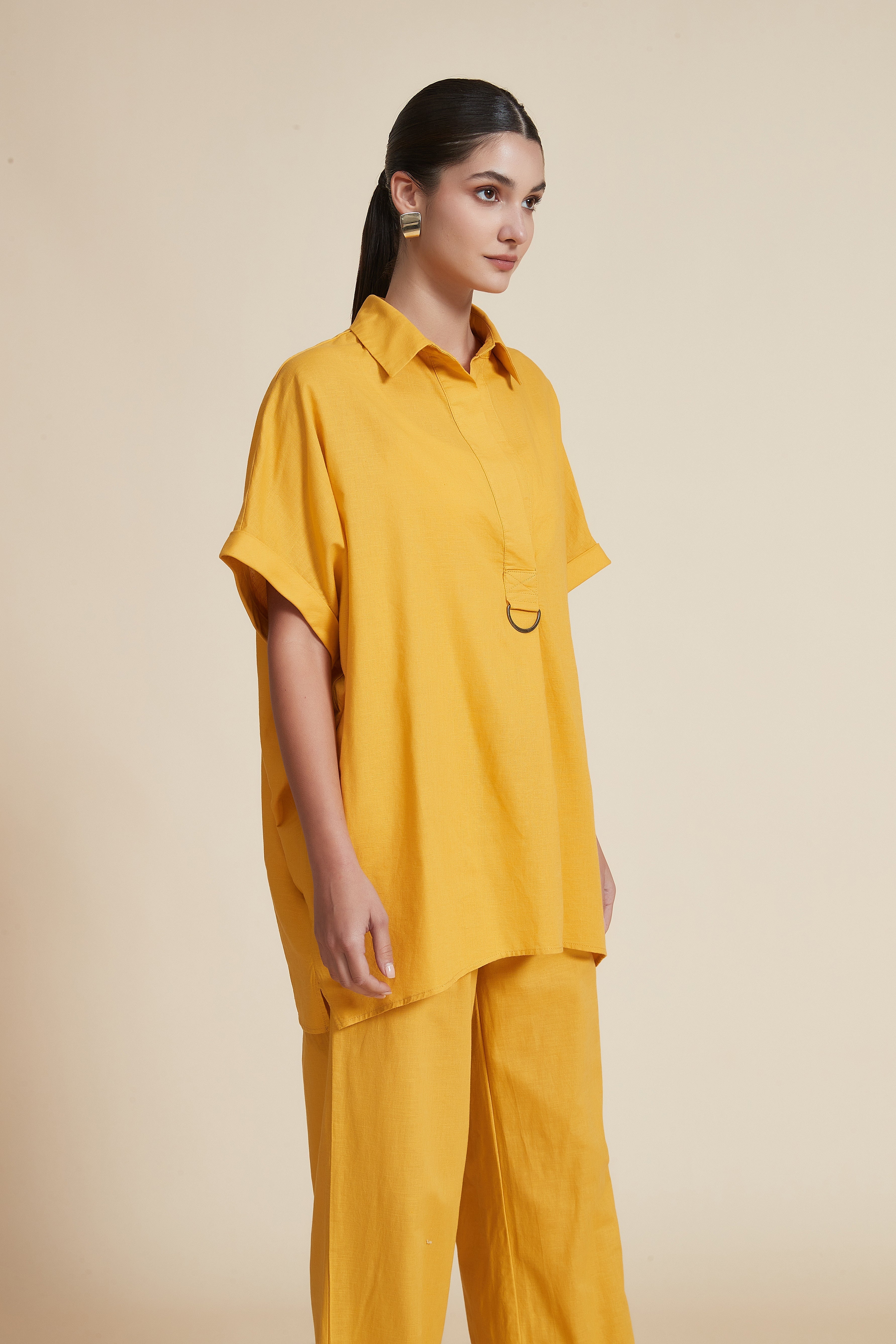 Plain Shirt Collar Half Sleeve Blouse