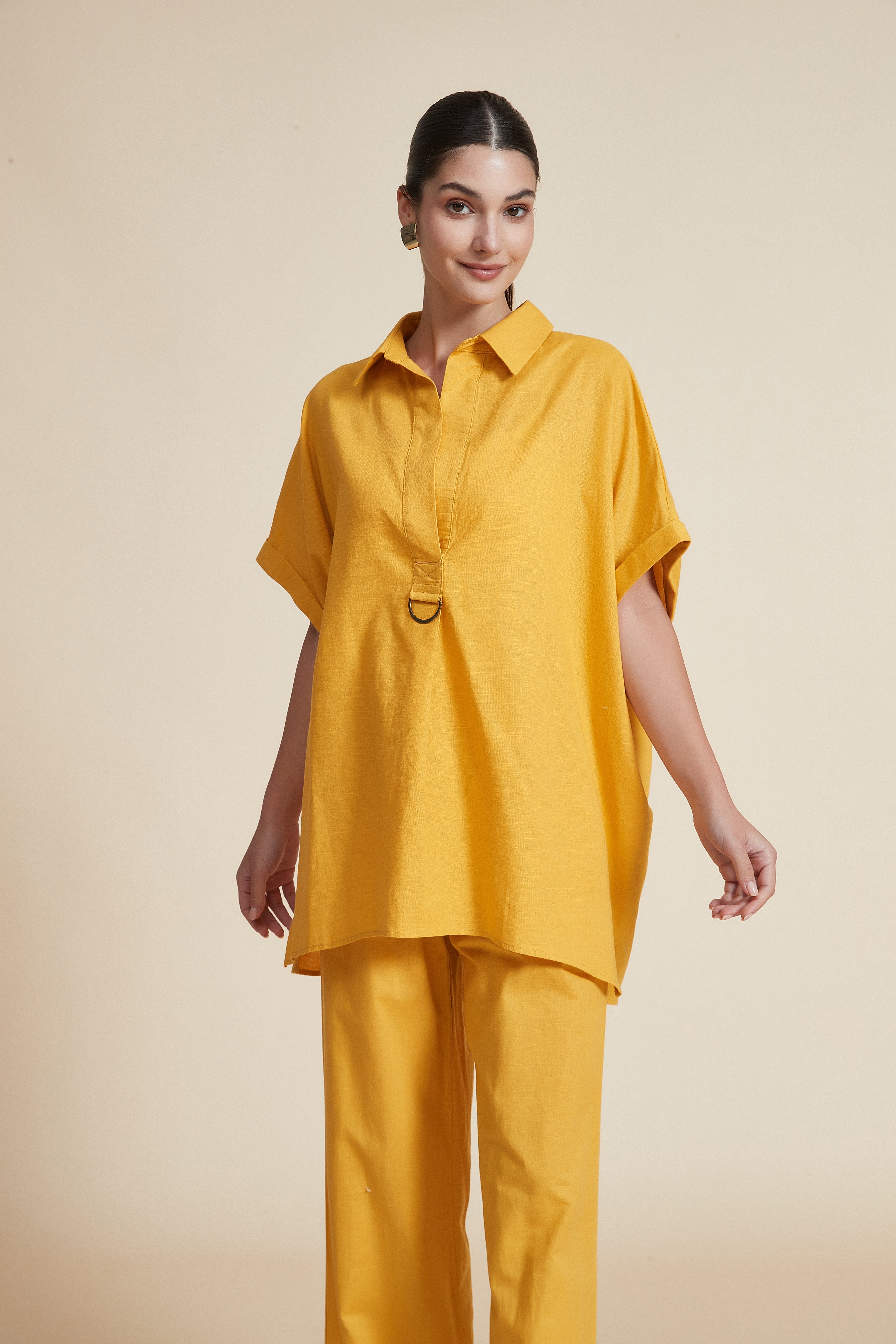 Plain Shirt Collar Half Sleeve Blouse