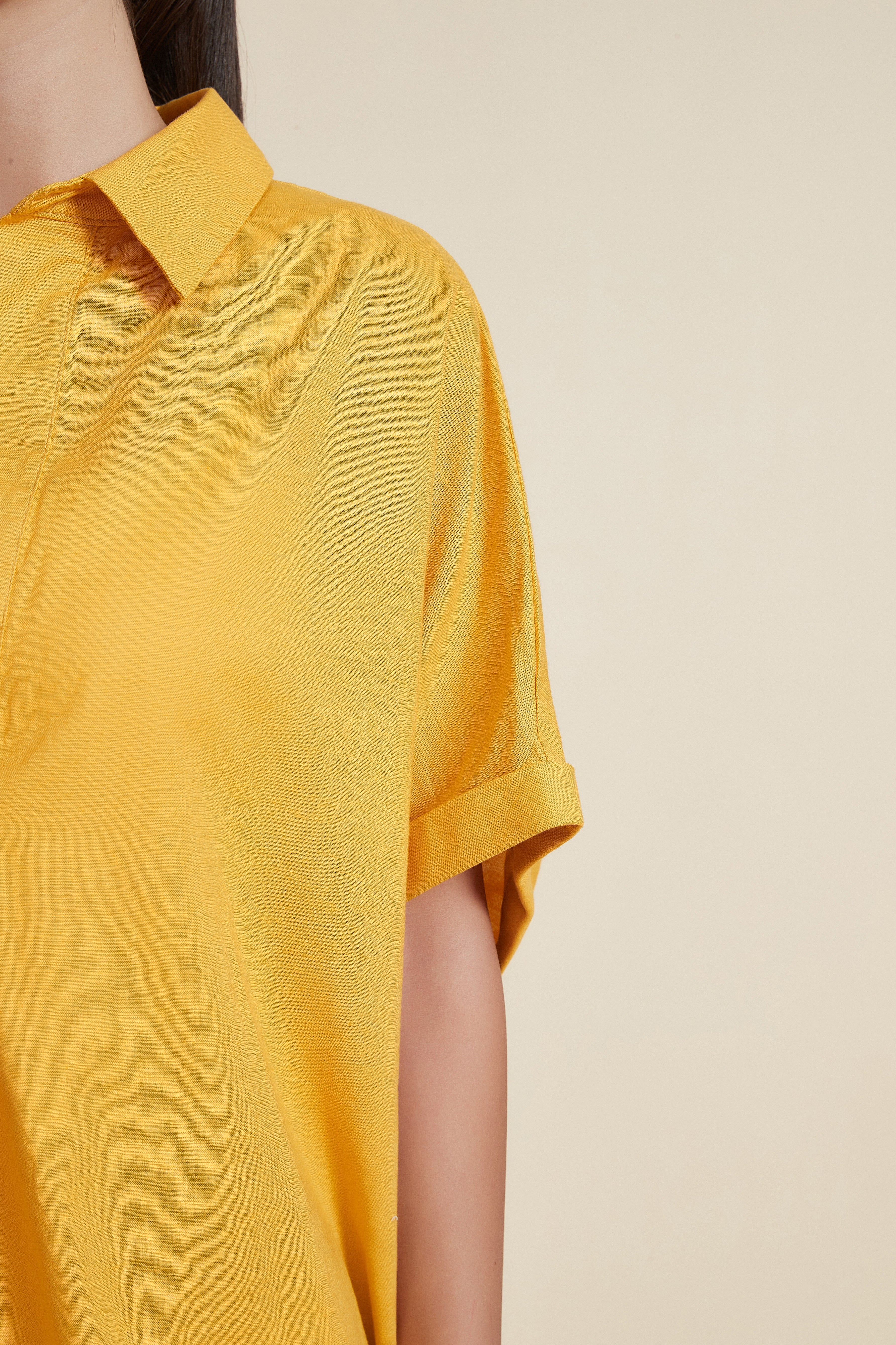 Plain Shirt Collar Half Sleeve Blouse