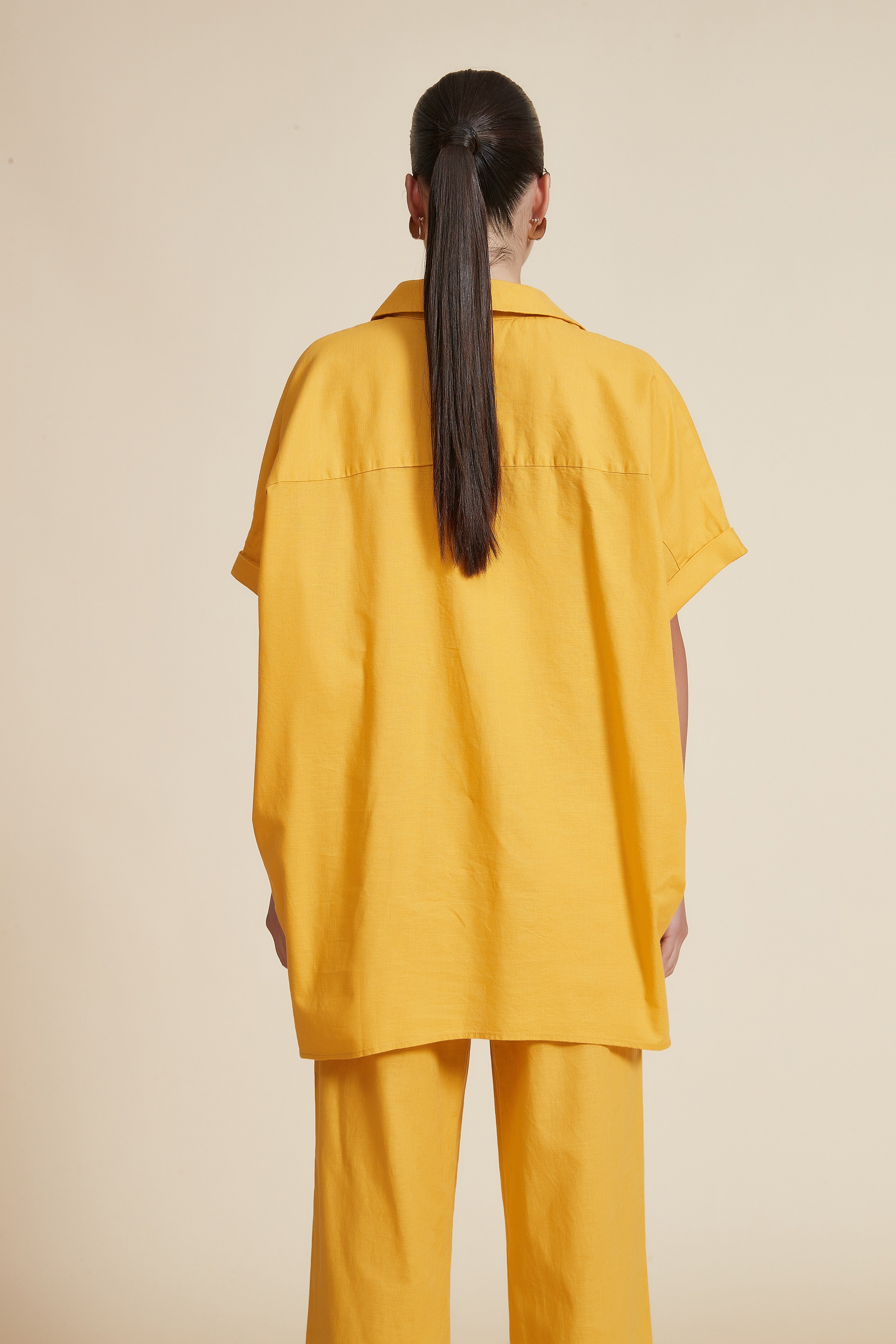 Plain Shirt Collar Half Sleeve Blouse