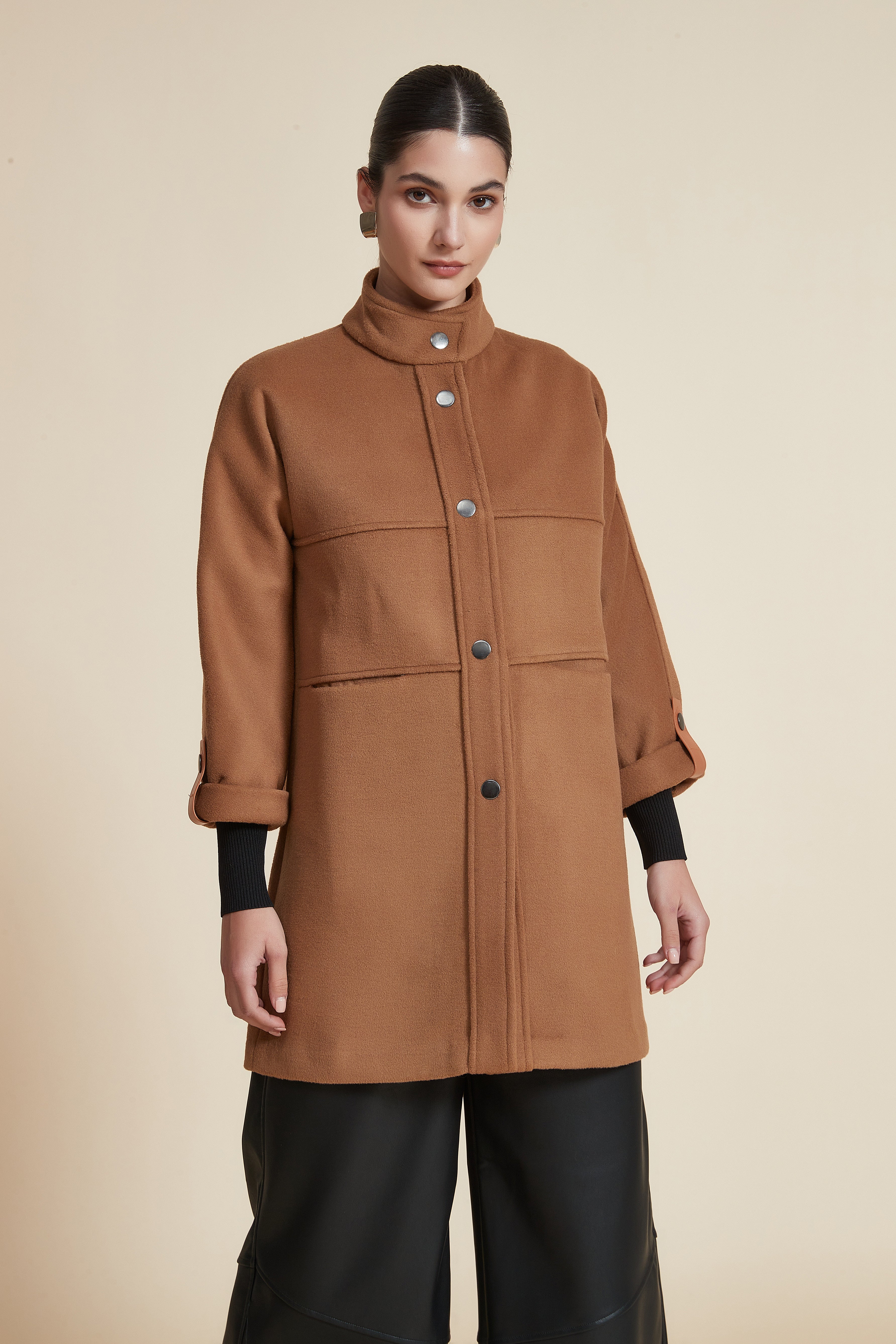 Solid Hip-Length Jacket with Buttons and High Collar