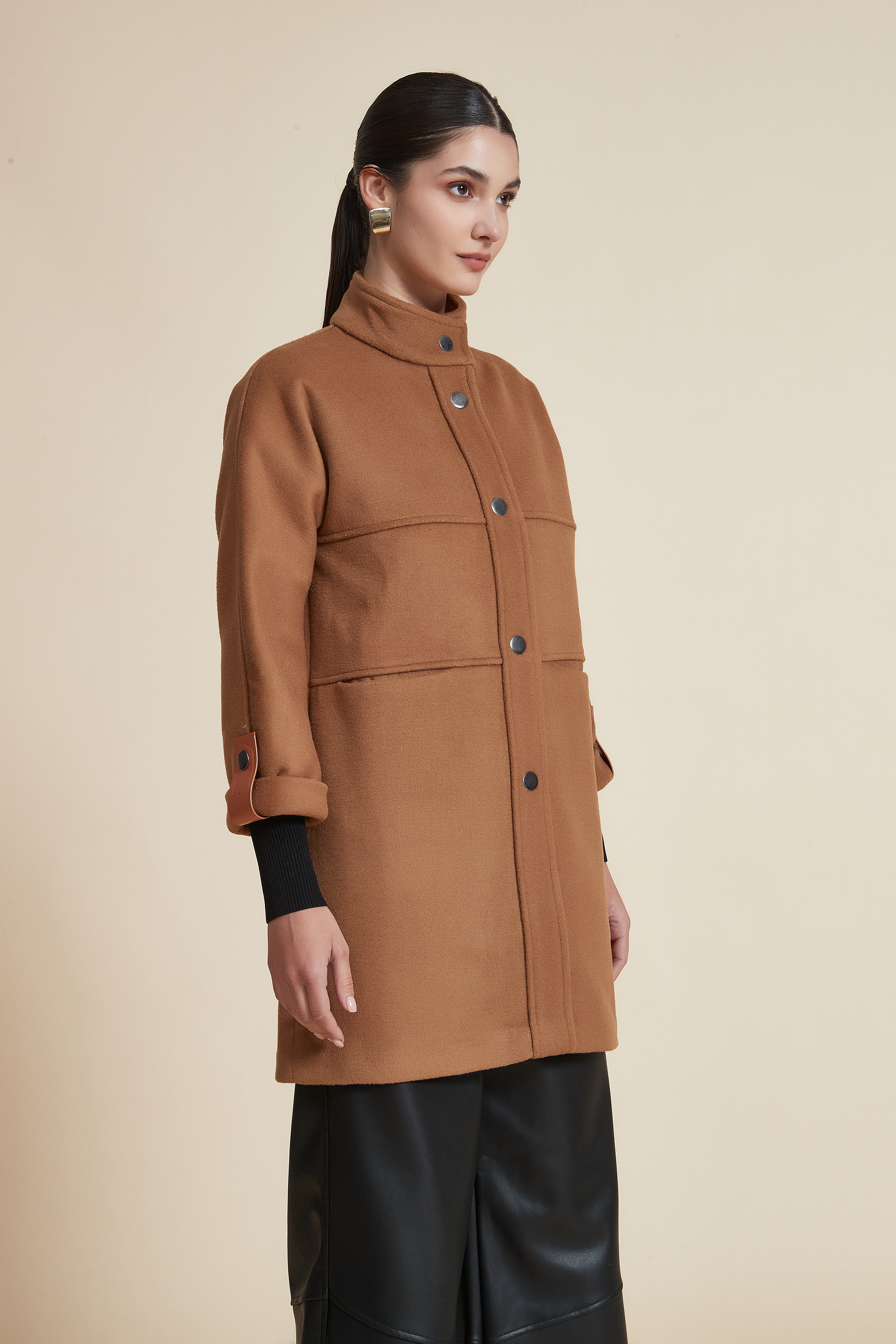 Solid Hip-Length Jacket with Buttons and High Collar