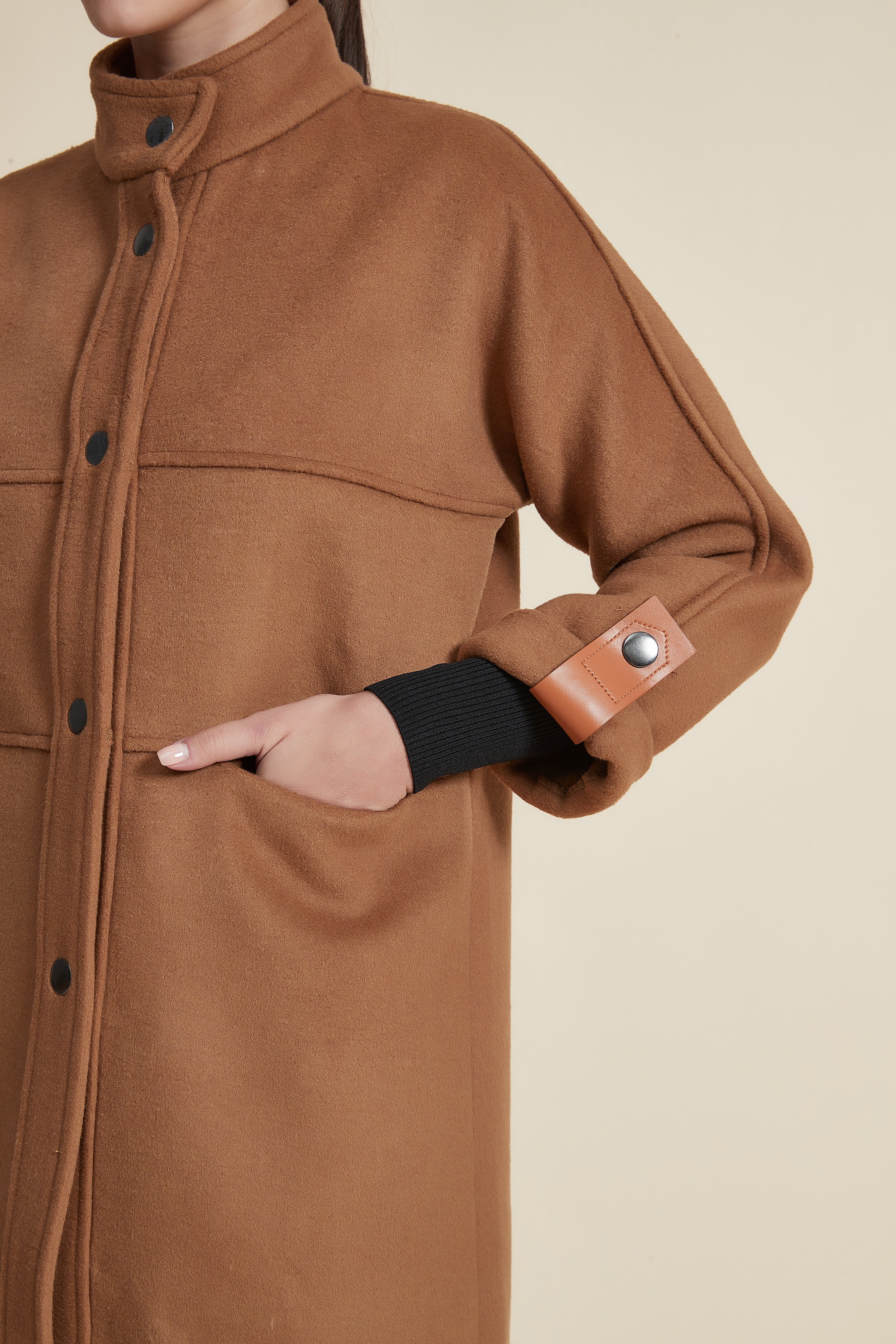 Solid Hip-Length Jacket with Buttons and High Collar