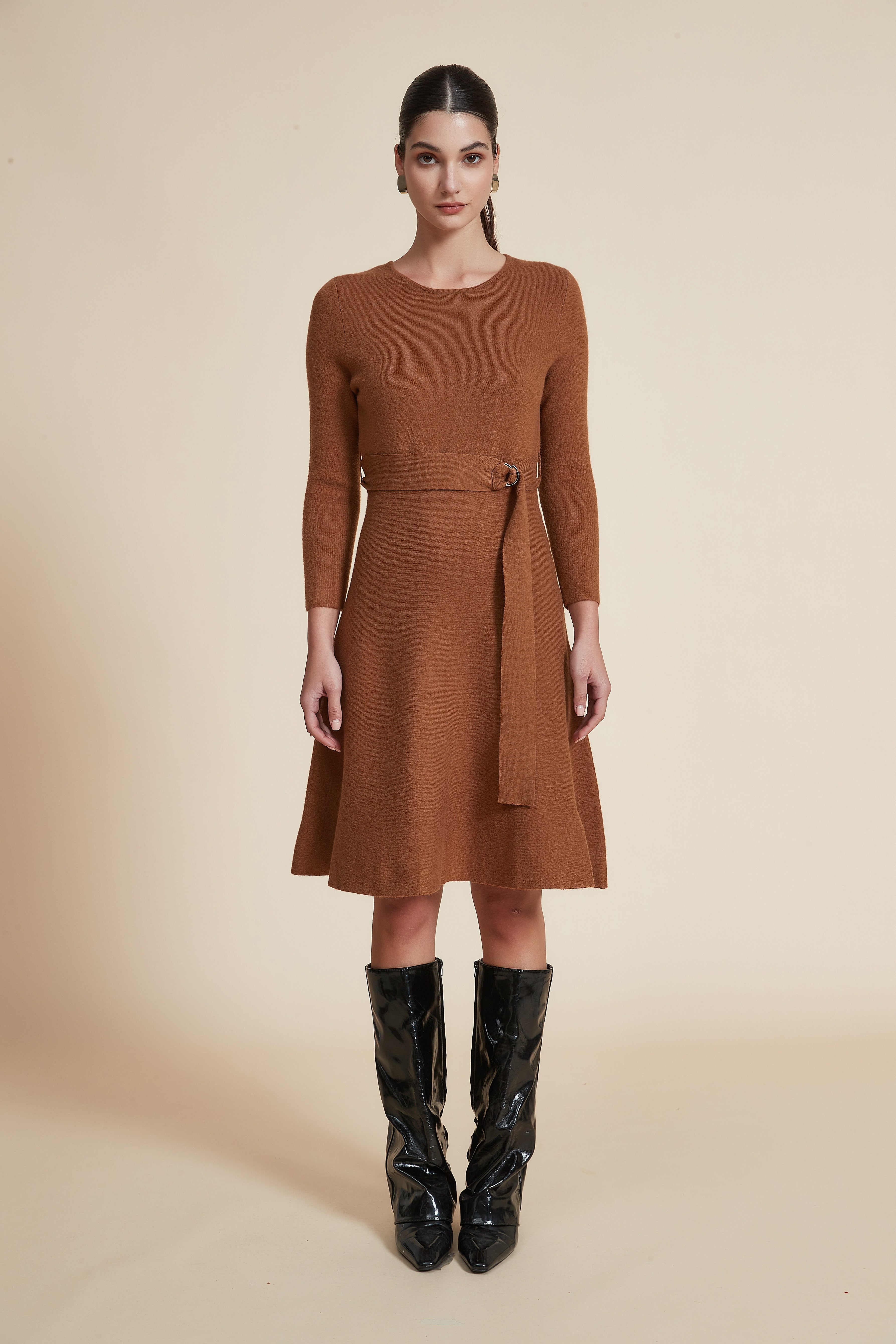 Knee-Length Solid Winter Dress with Long Sleeves