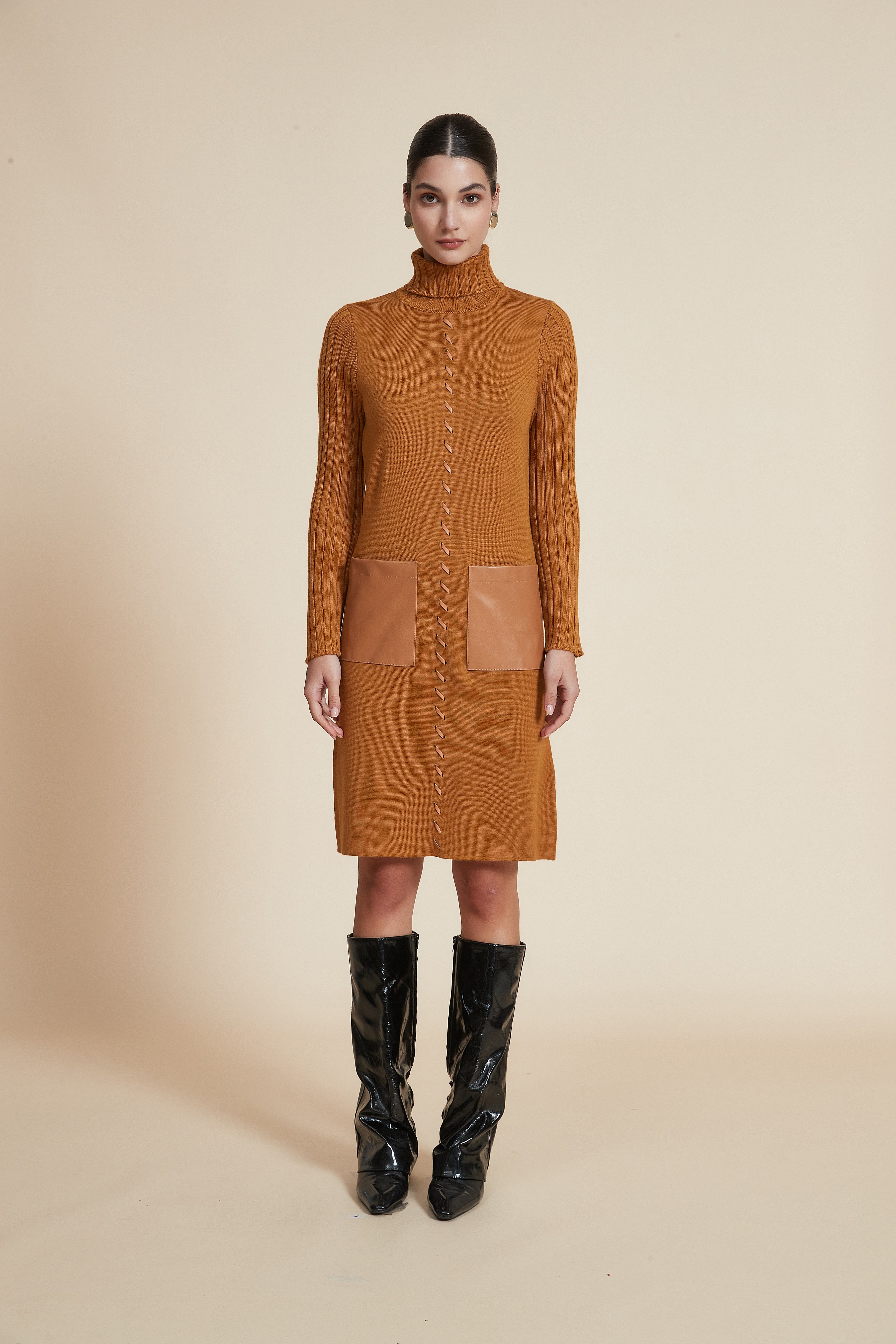 Plain Long-Sleeve Short Dress with High Neck