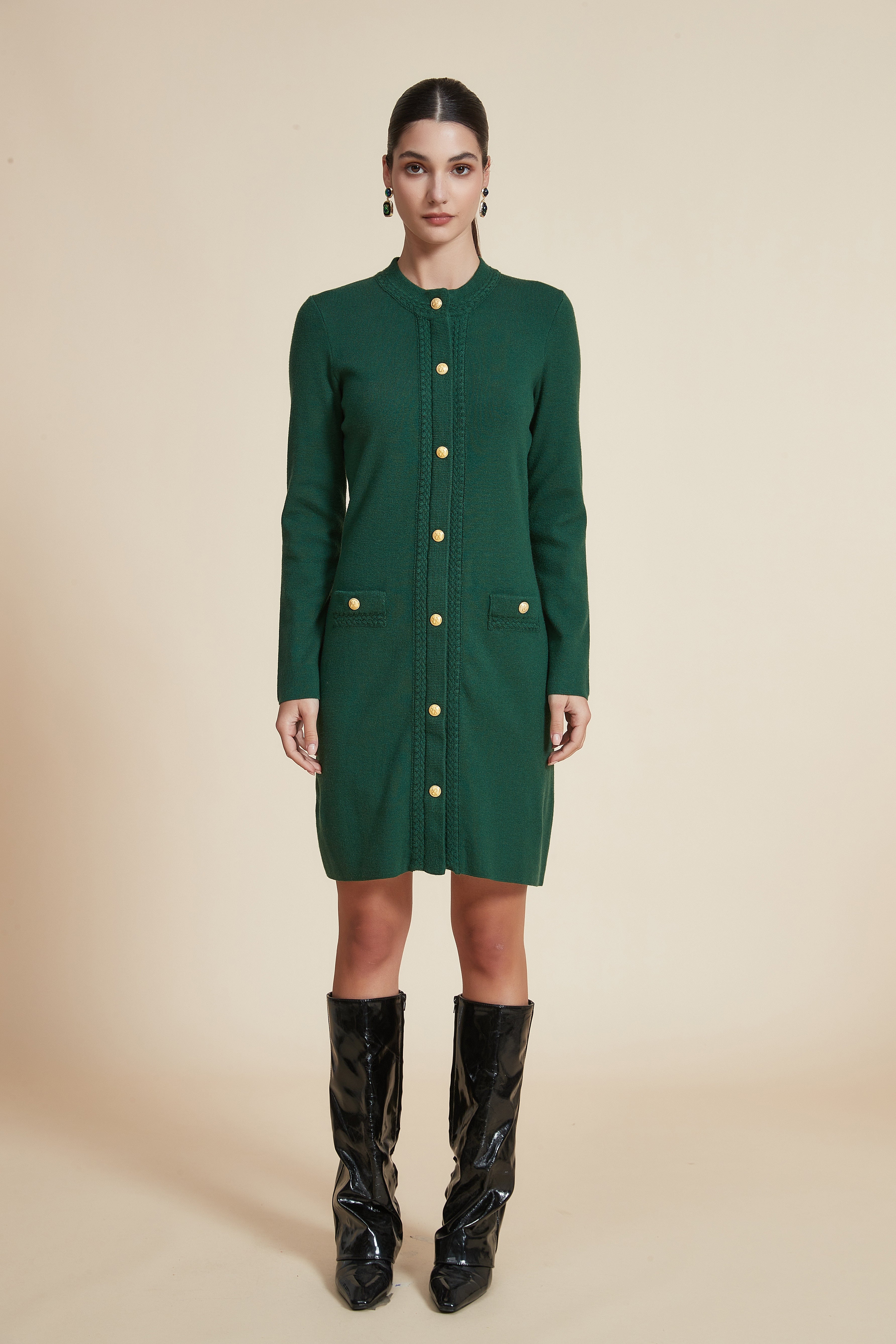 Plain Long-Sleeve Short Dress with Front Buttons