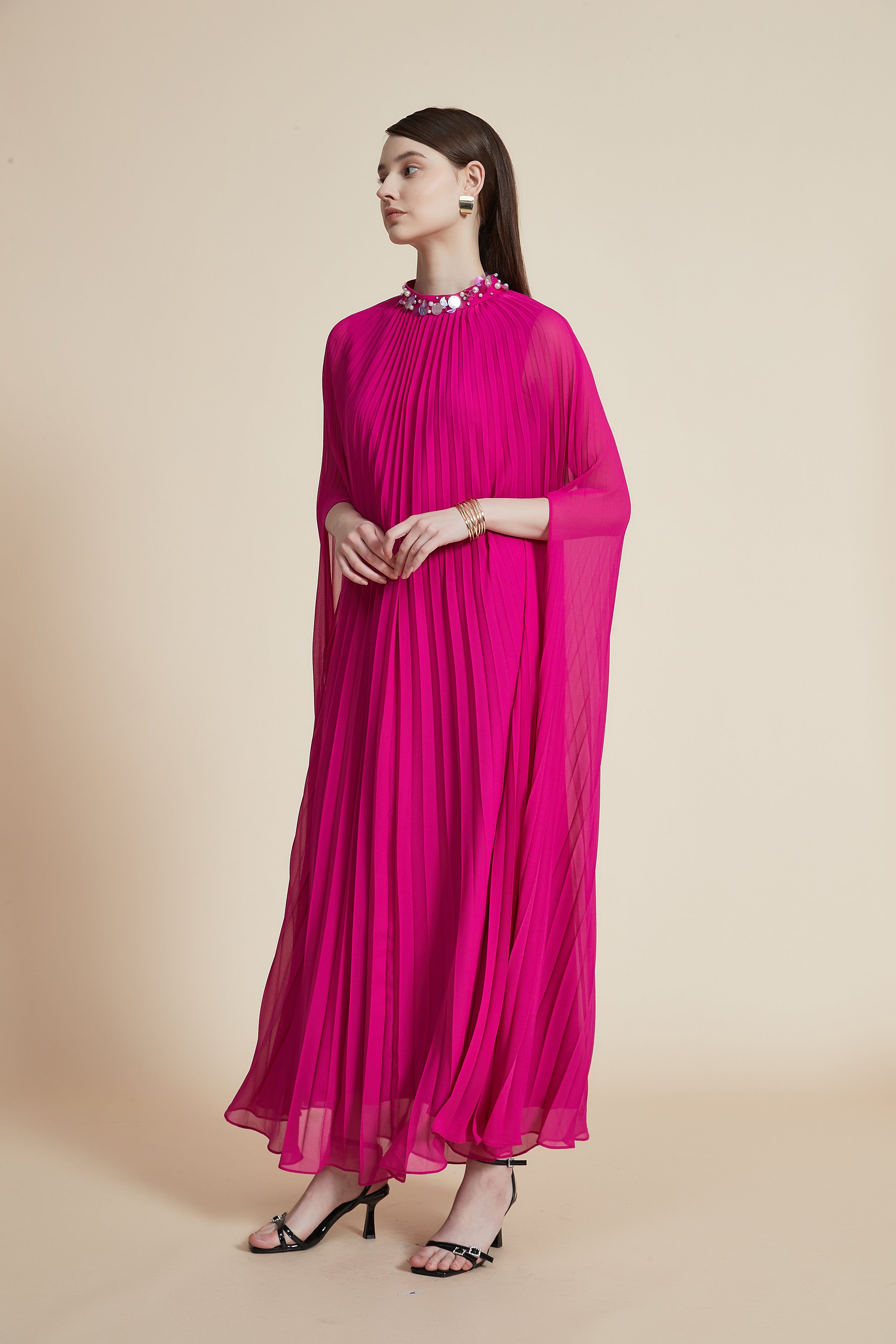 High Neck Pleated Maxi Dress