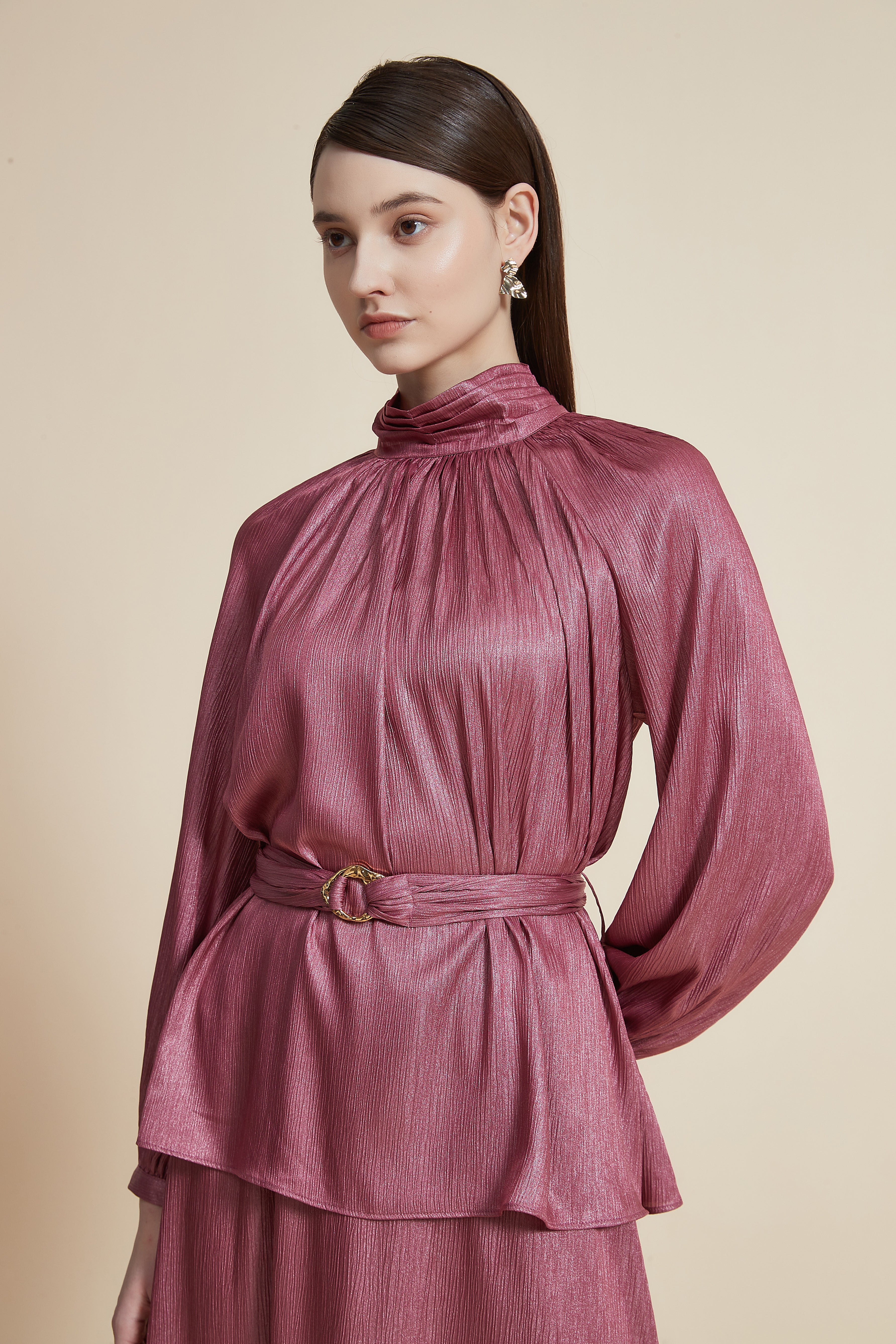 Women's Long Sleeve Loose Blouse with High Neck