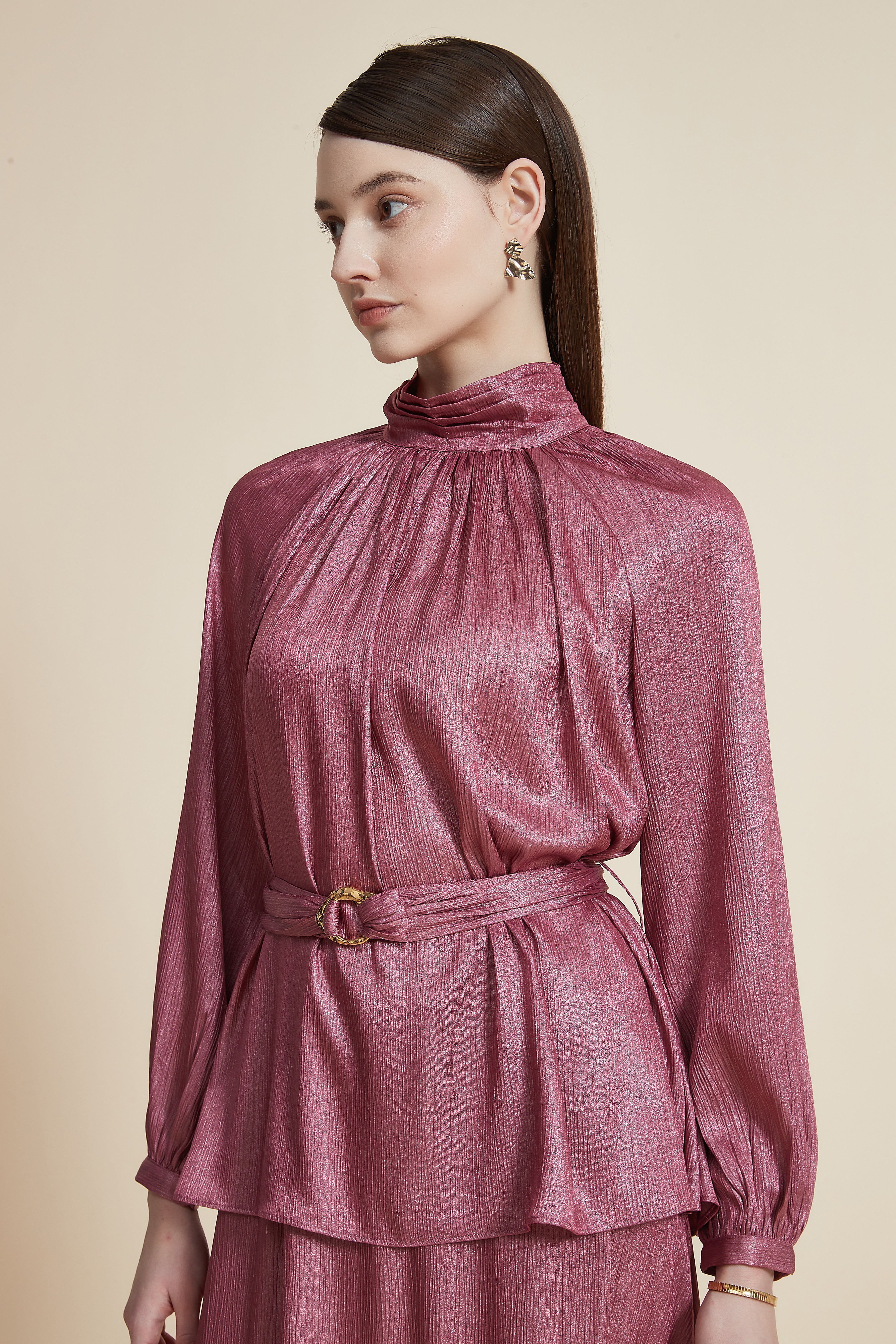 Women's Long Sleeve Loose Blouse with High Neck