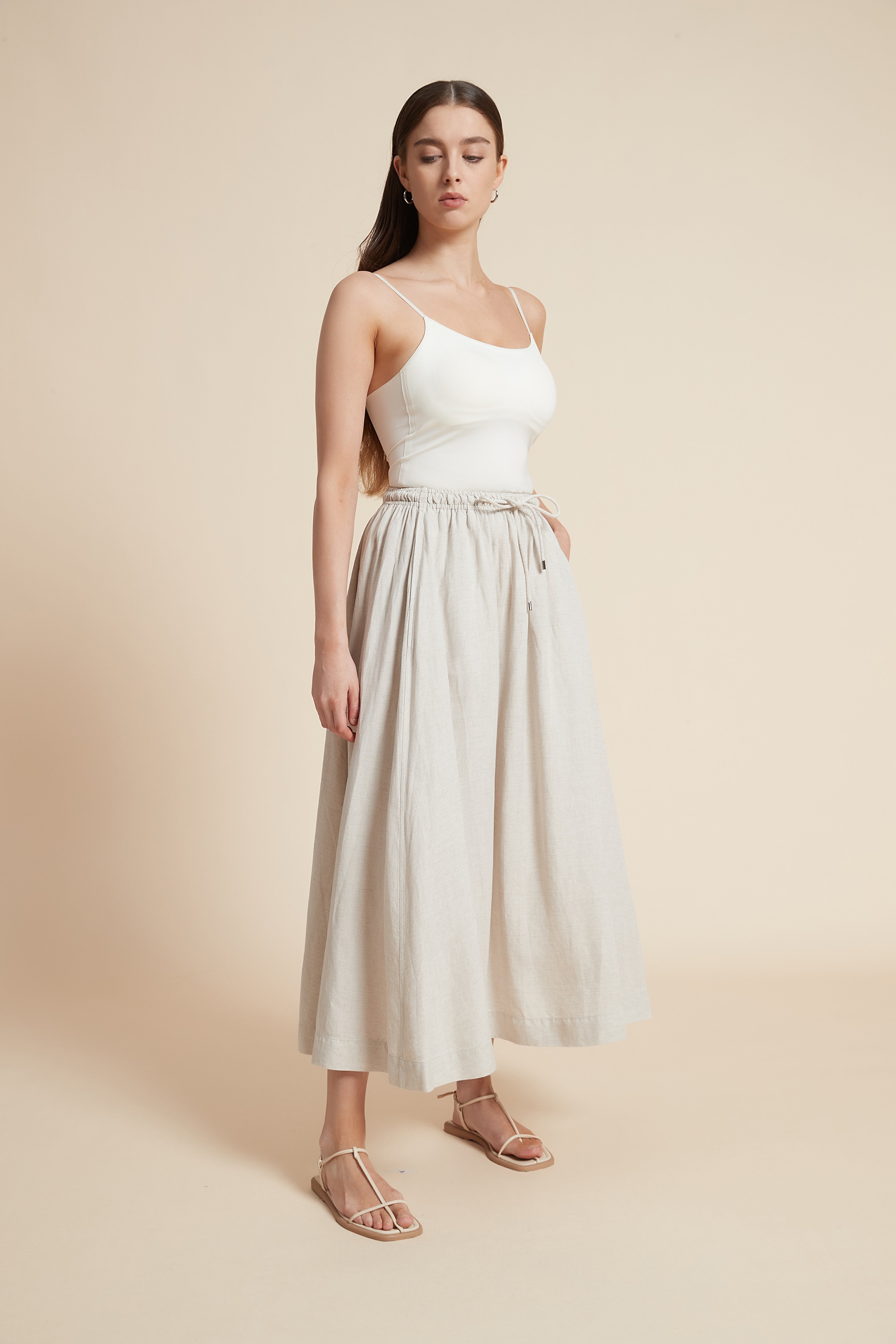 Plain Midi Skirt with Flared Cut and Waist Tie