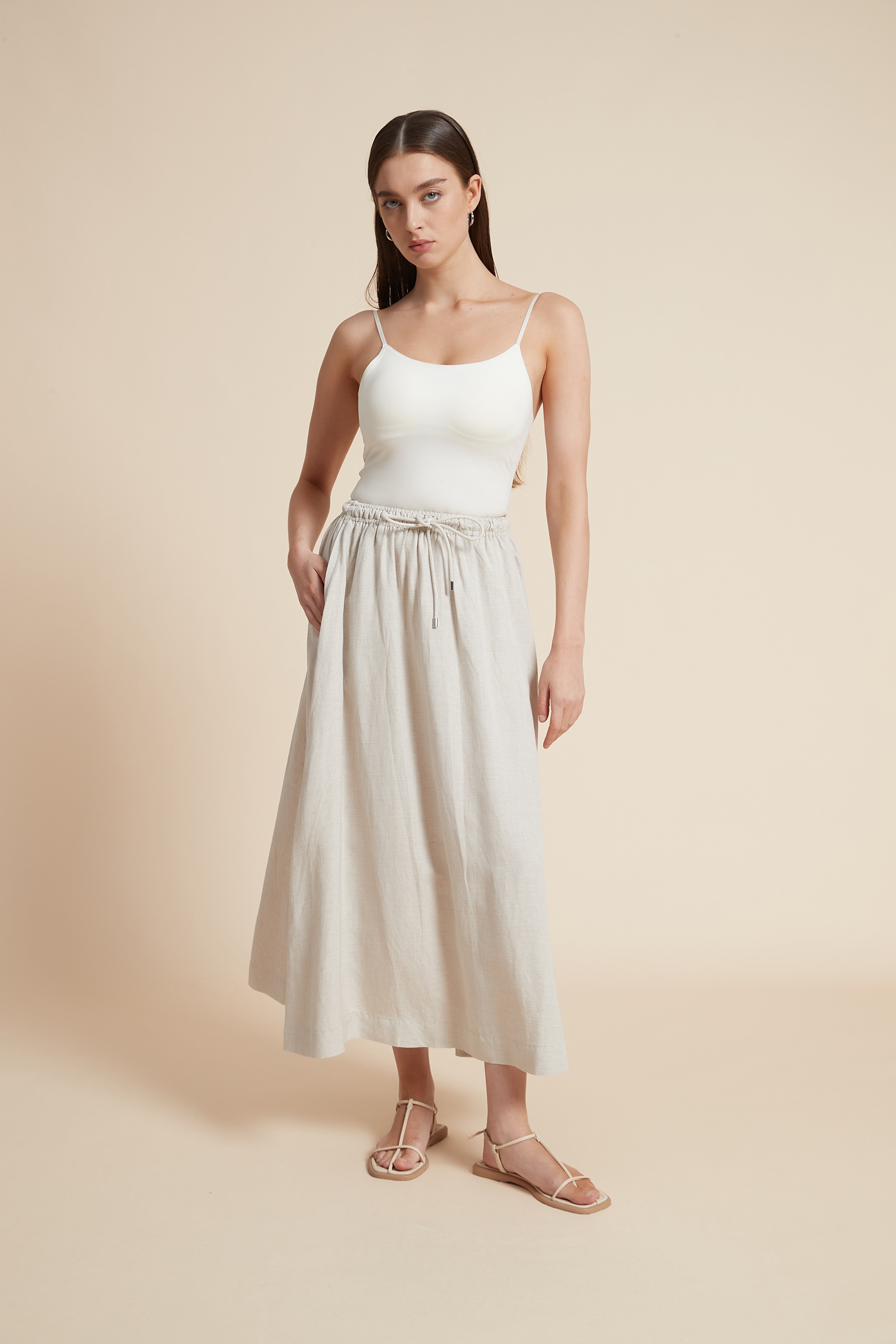 Plain Midi Skirt with Flared Cut and Waist Tie