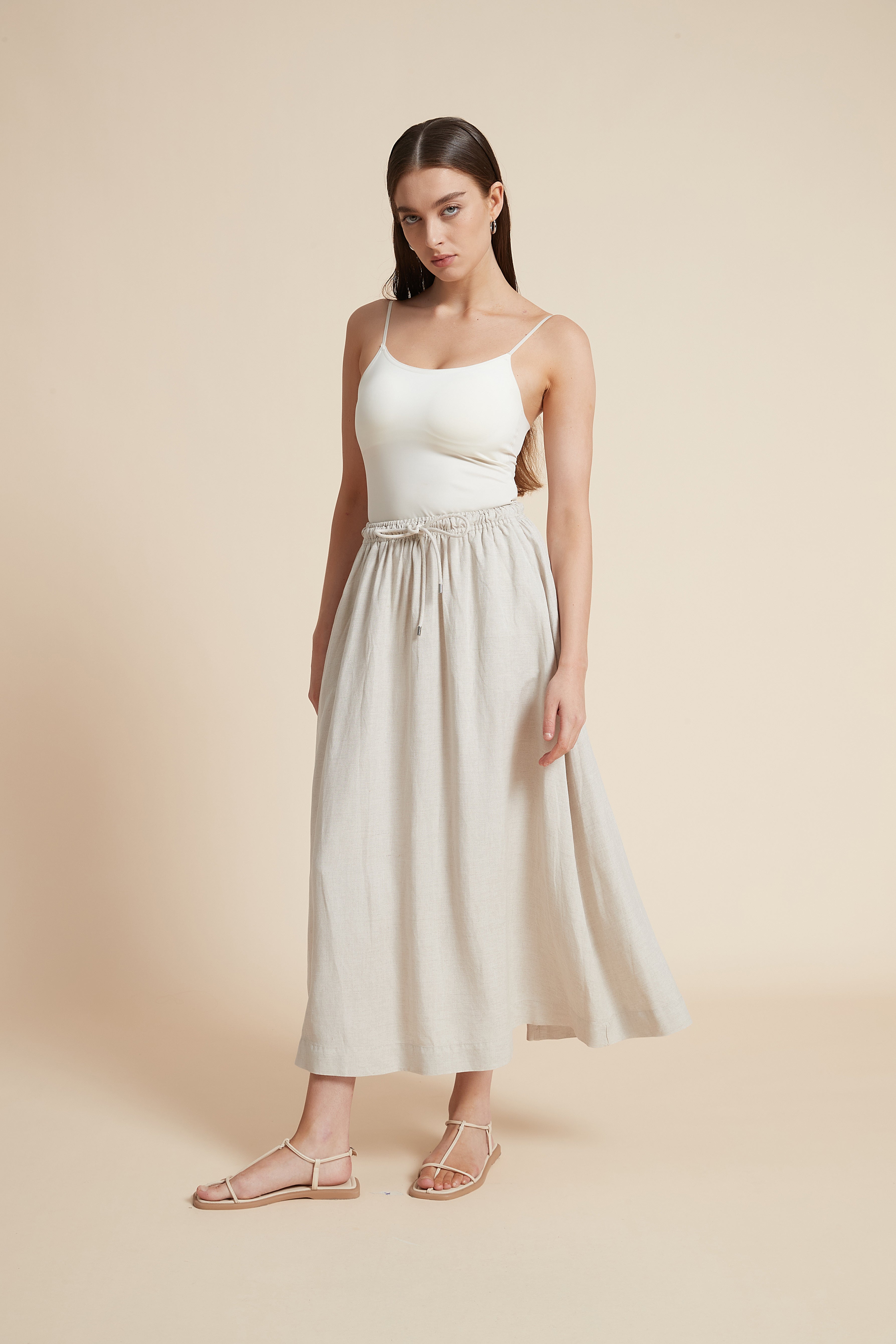 Plain Midi Skirt with Flared Cut and Waist Tie