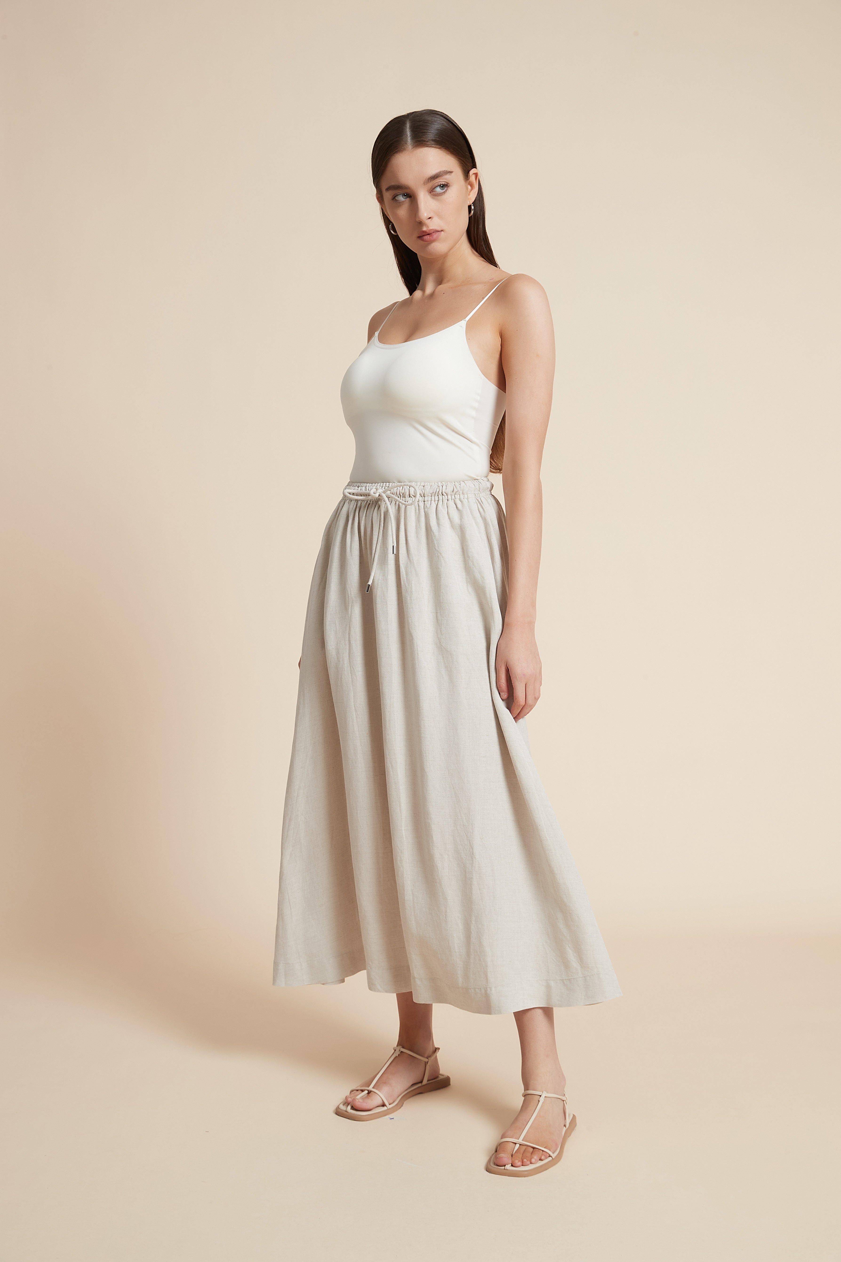 Plain Midi Skirt with Flared Cut and Waist Tie