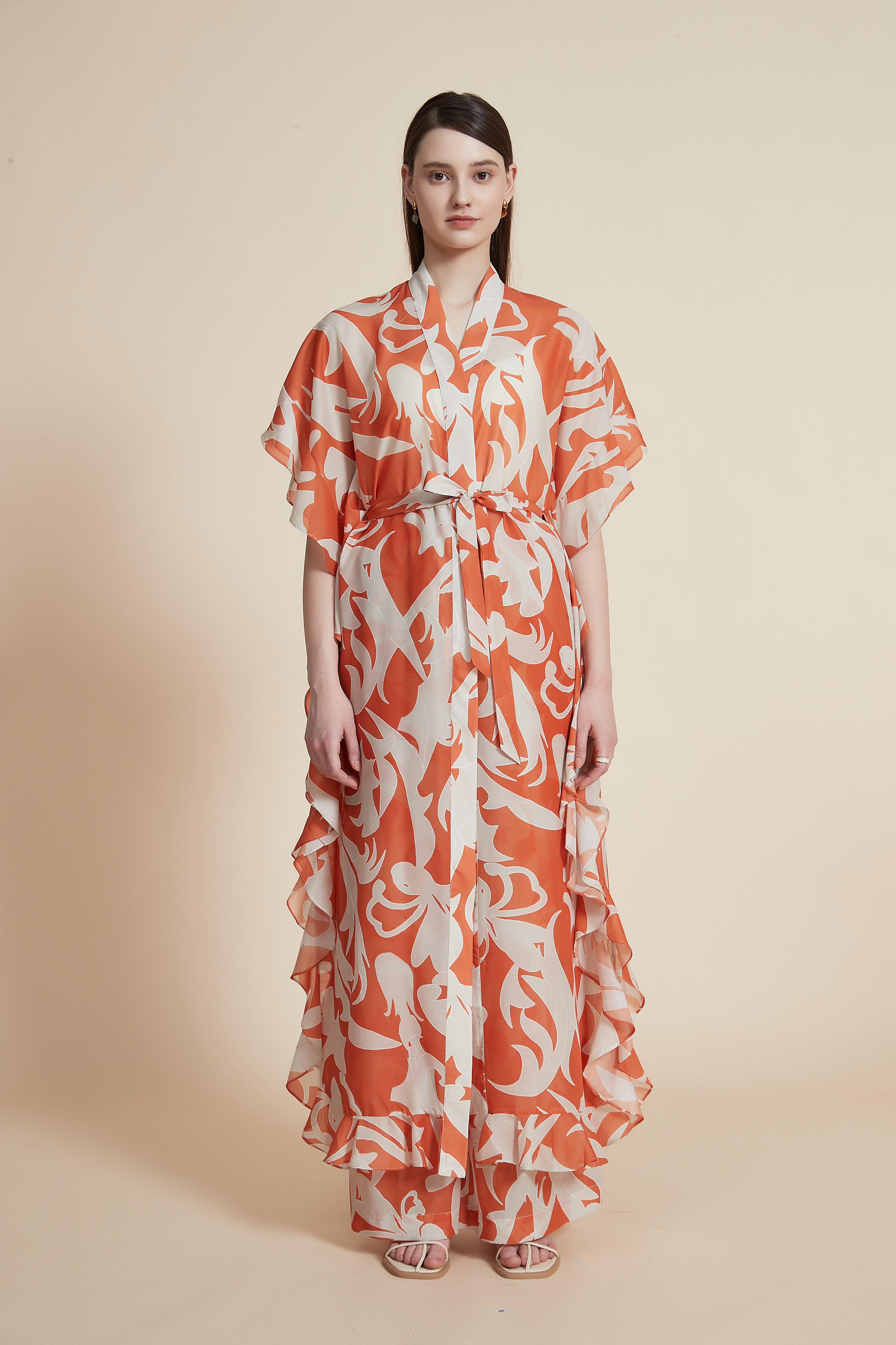 Short-Sleeve Long Kimono with Ruffles