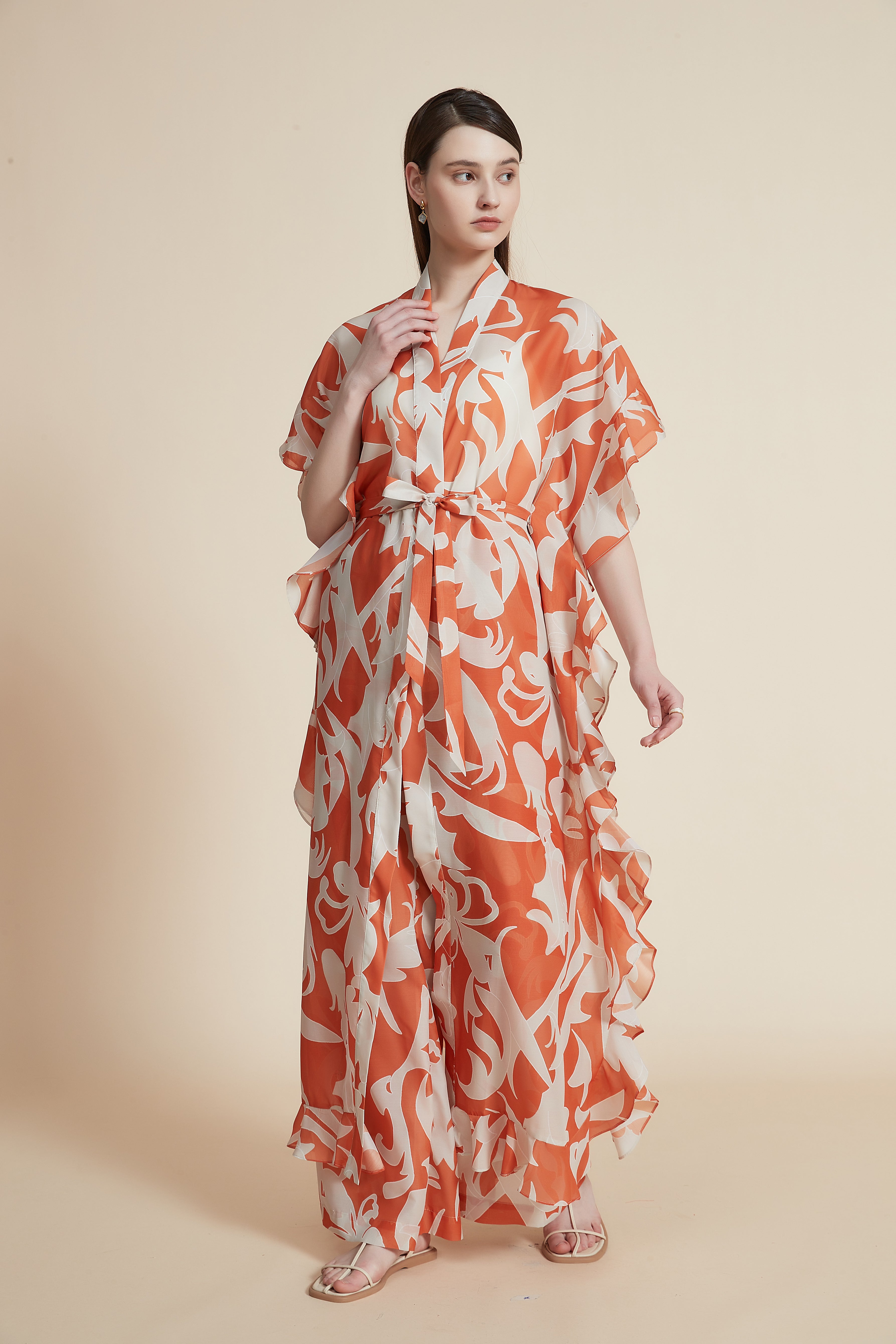 Short-Sleeve Long Kimono with Ruffles