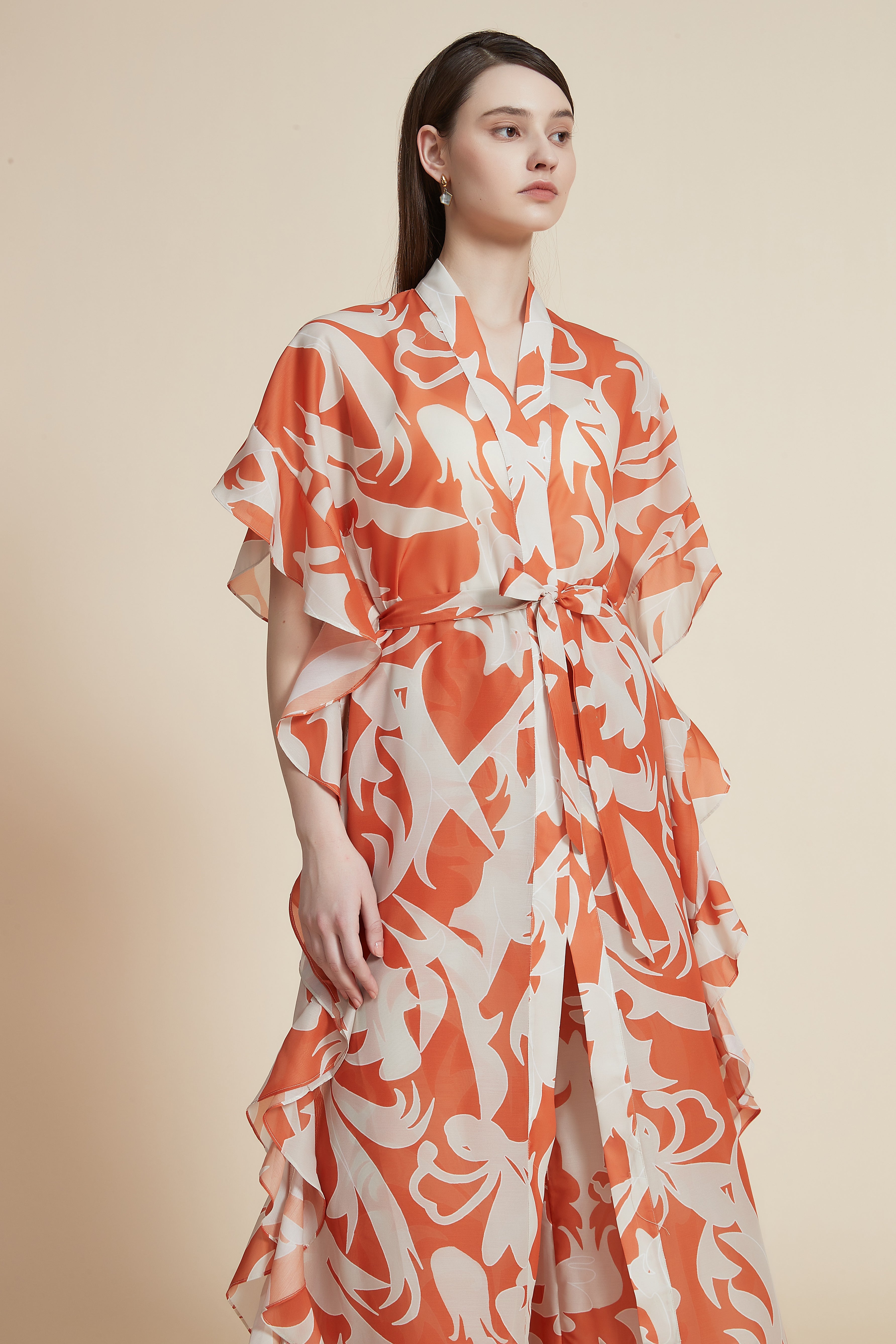 Short-Sleeve Long Kimono with Ruffles