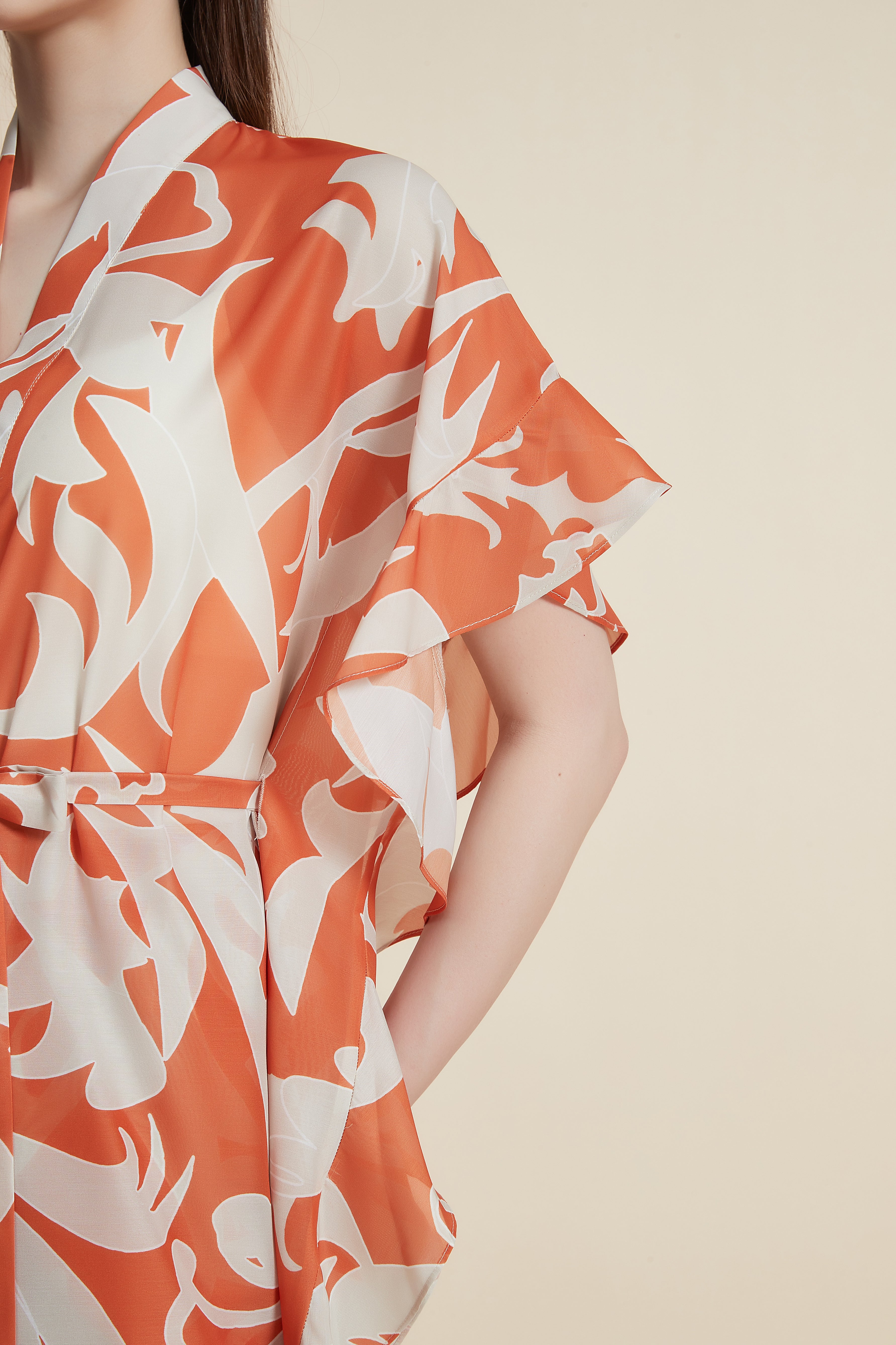 Short-Sleeve Long Kimono with Ruffles