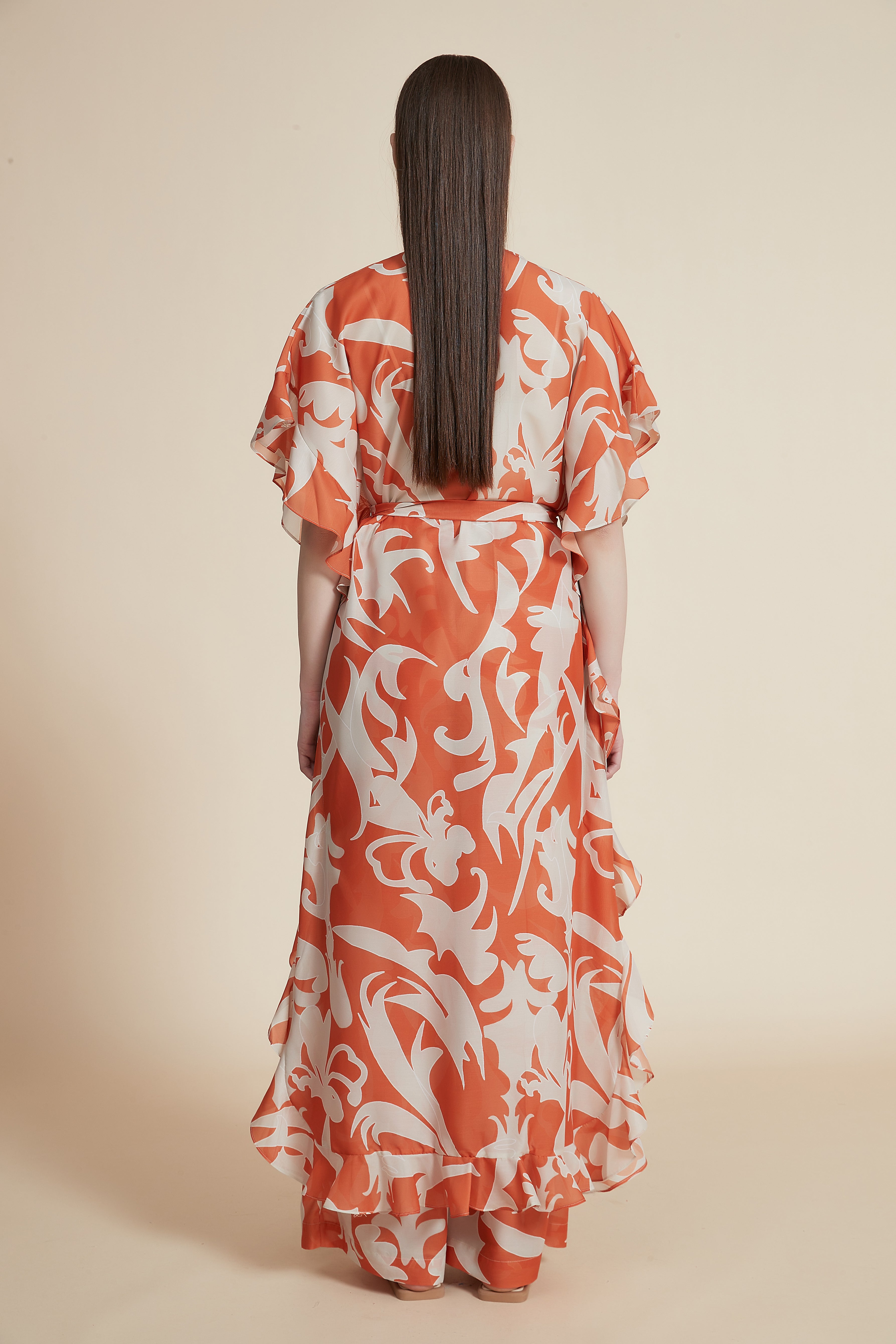 Short-Sleeve Long Kimono with Ruffles