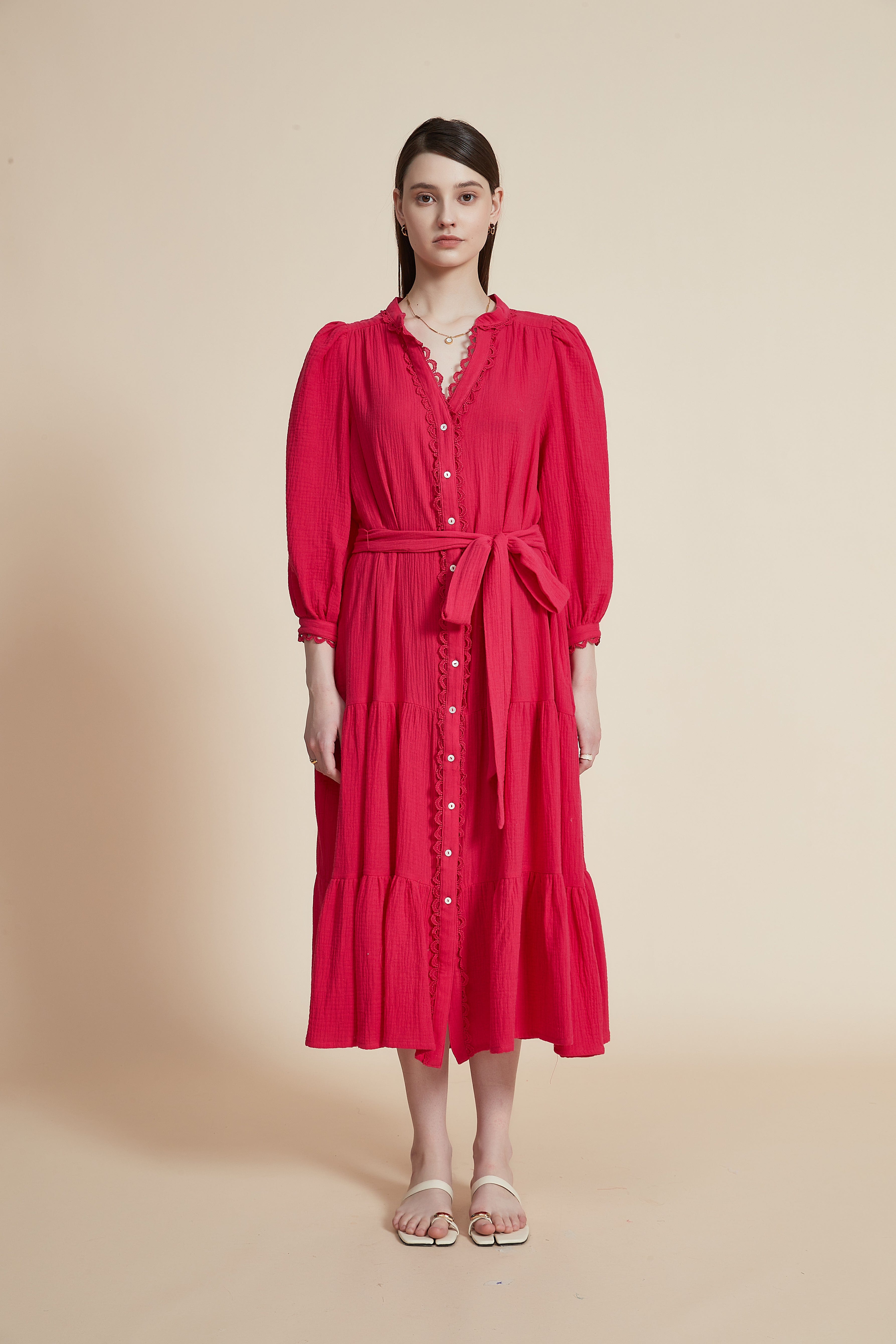 Ruffled Midi Dress with Long Puff Sleeves