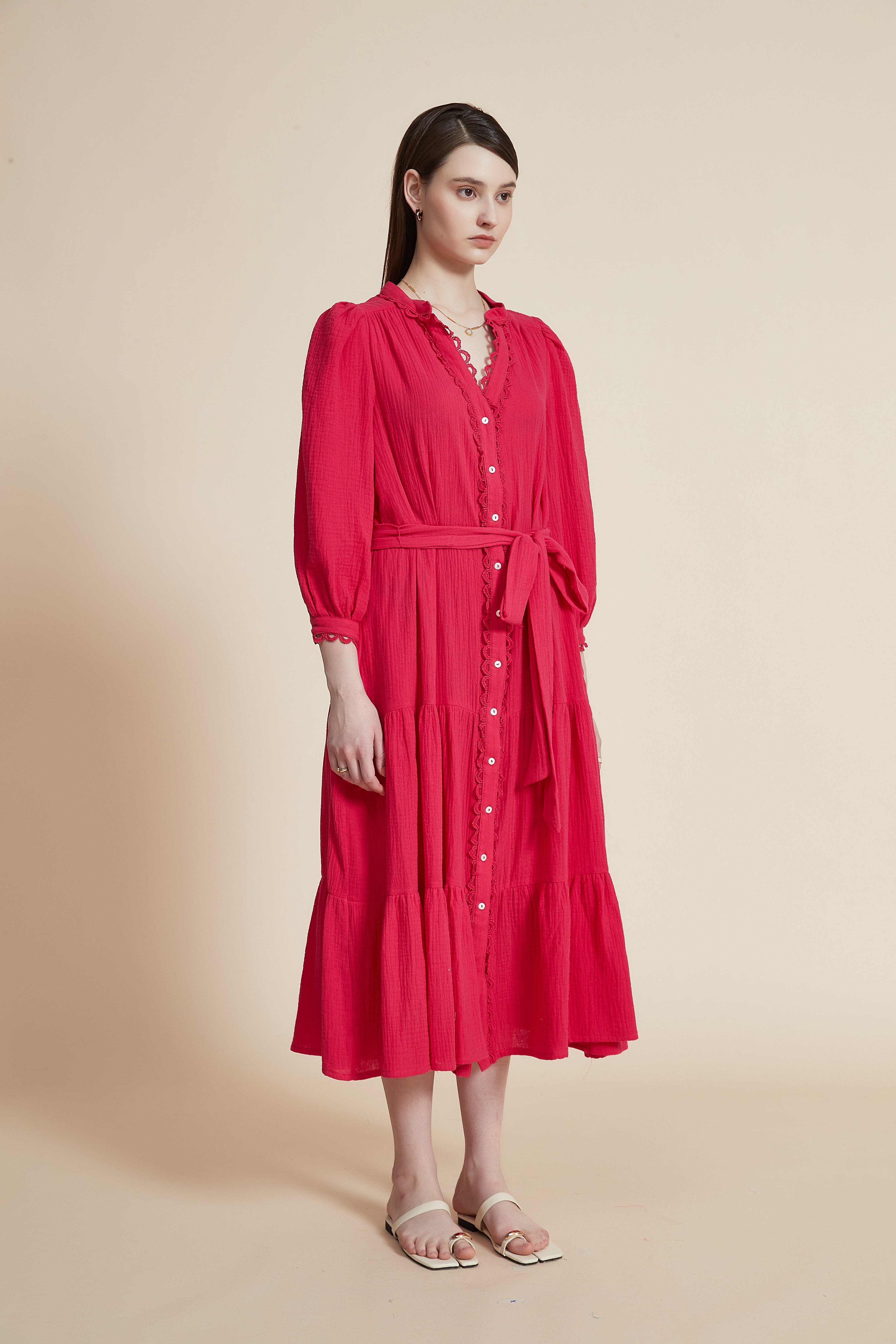 Ruffled Midi Dress with Long Puff Sleeves