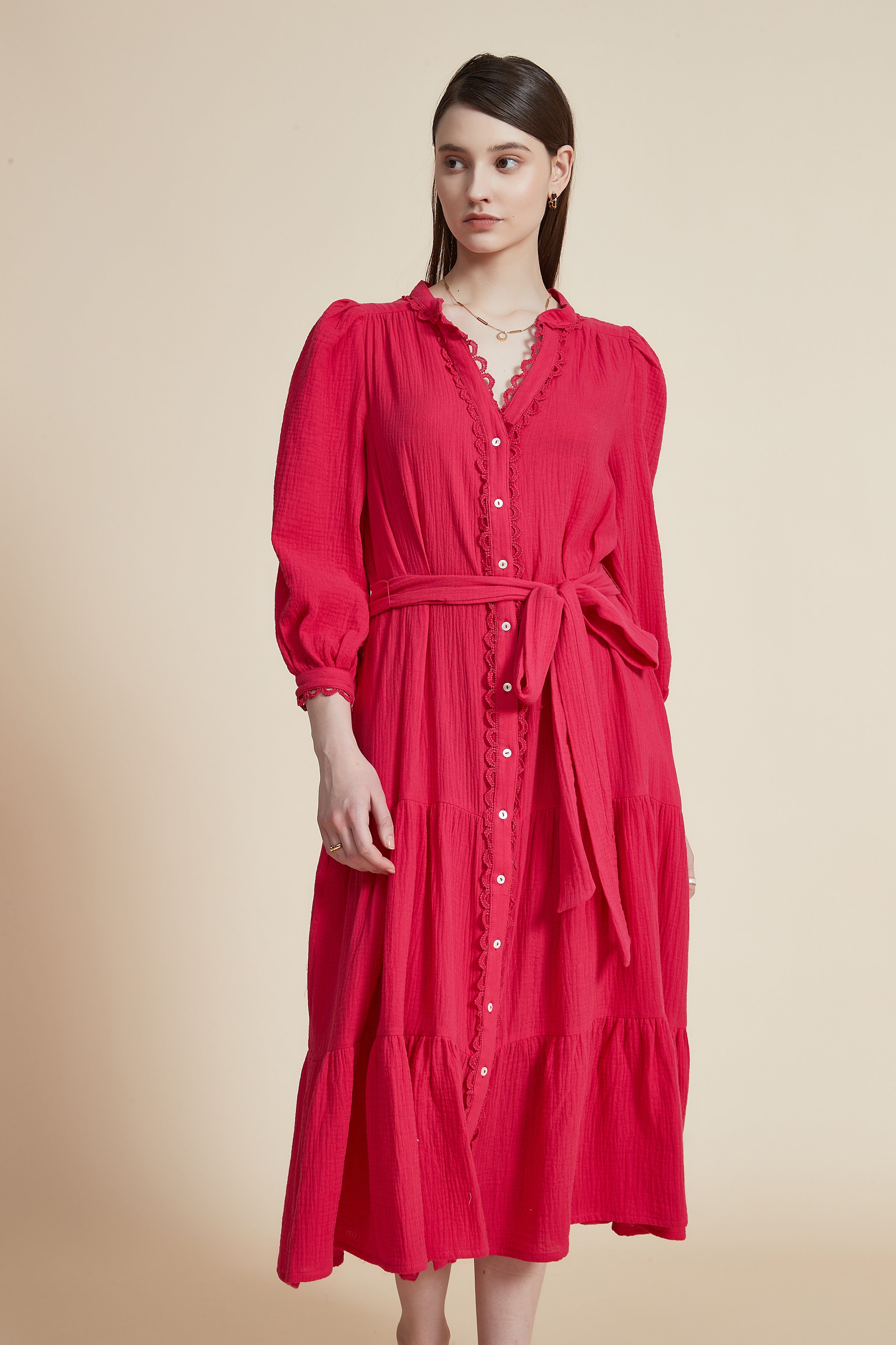 Ruffled Midi Dress with Long Puff Sleeves