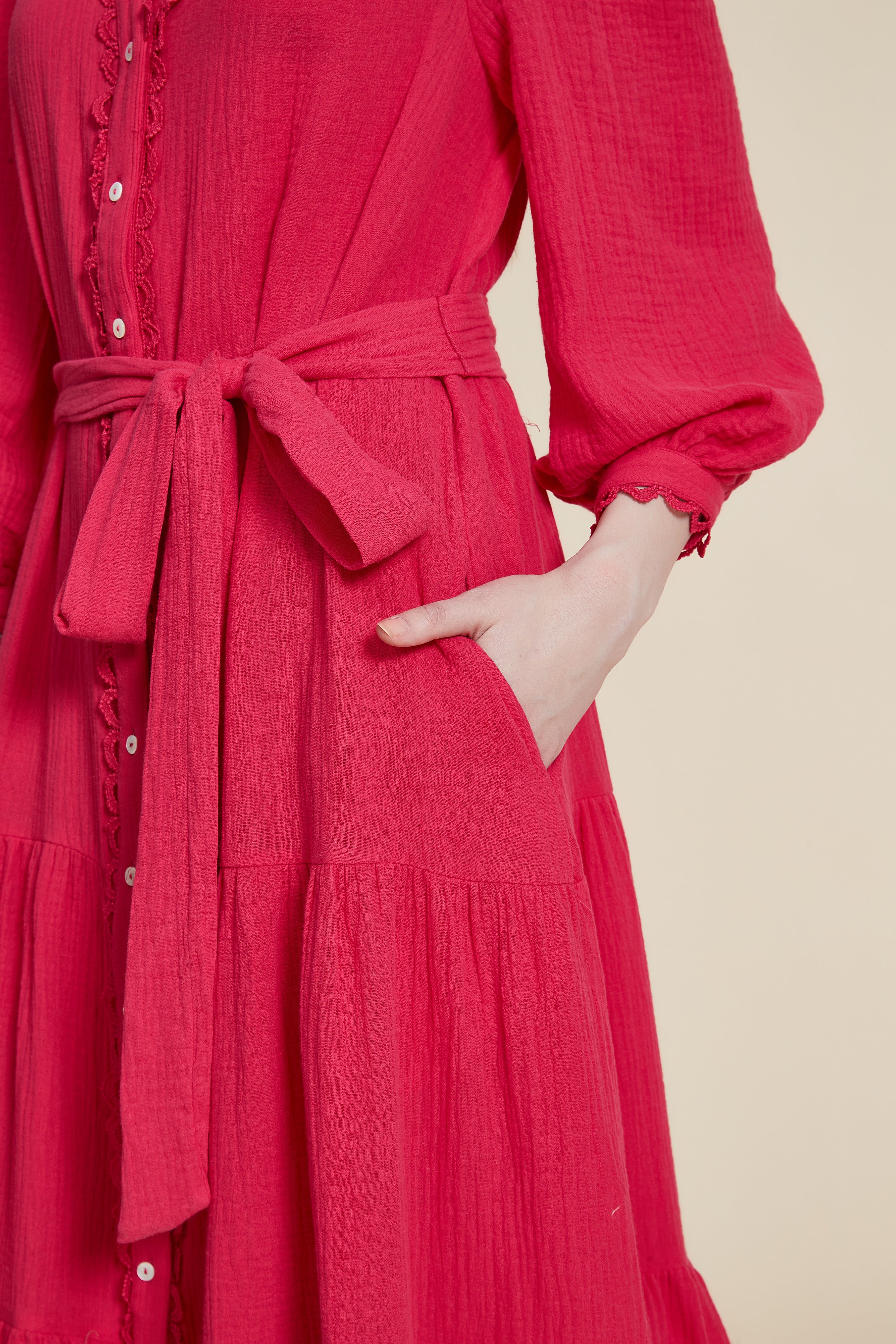 Ruffled Midi Dress with Long Puff Sleeves
