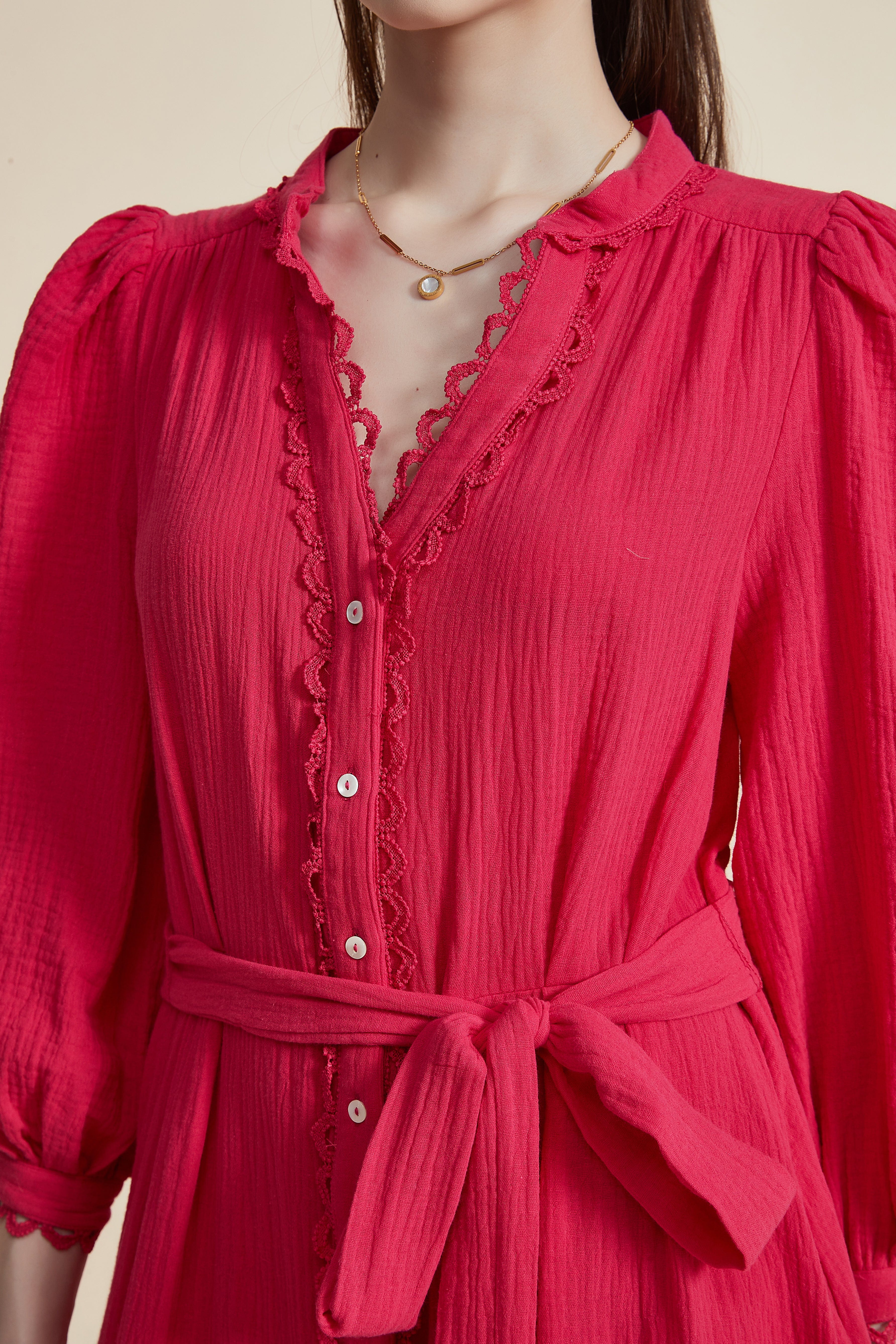 Ruffled Midi Dress with Long Puff Sleeves
