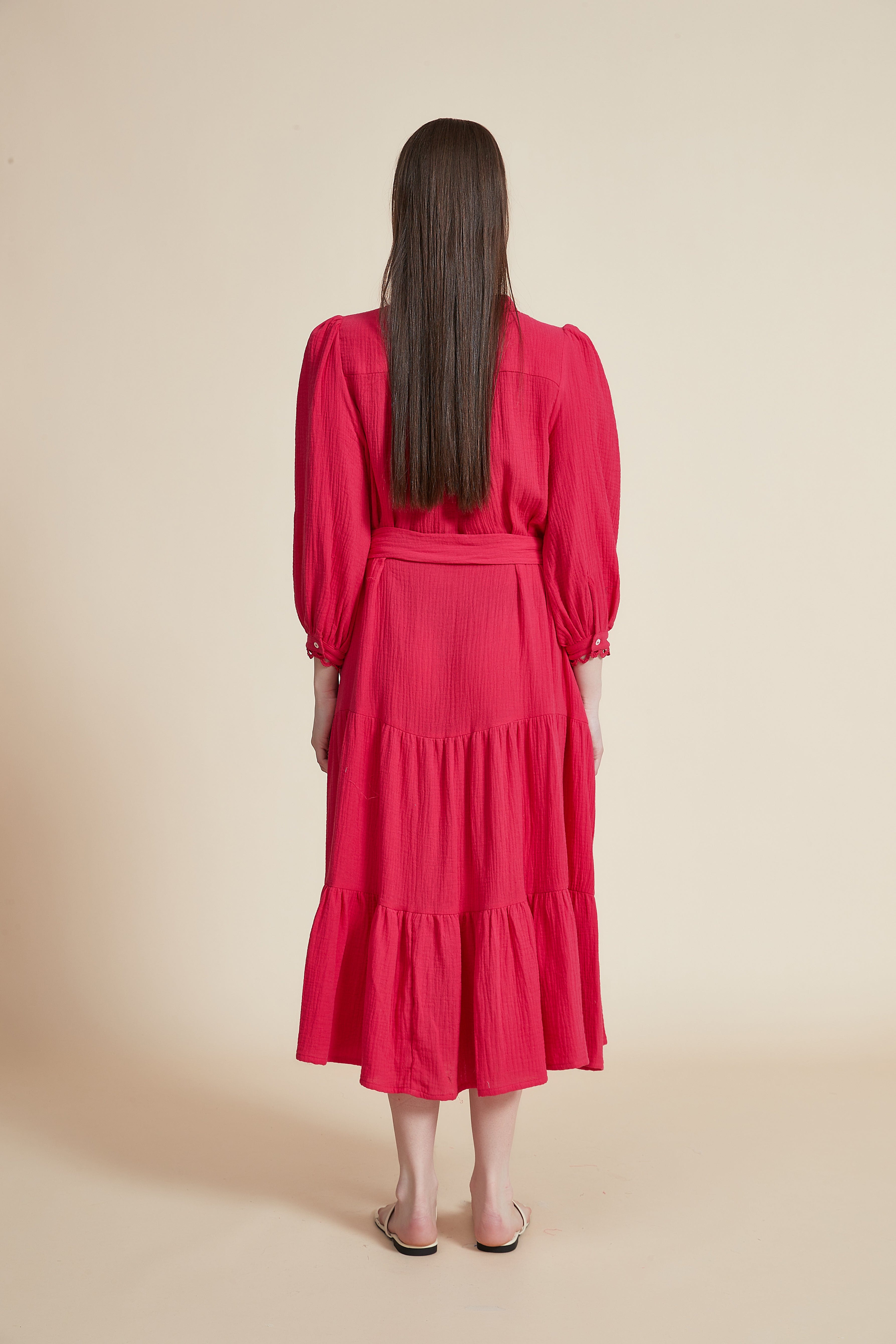 Ruffled Midi Dress with Long Puff Sleeves