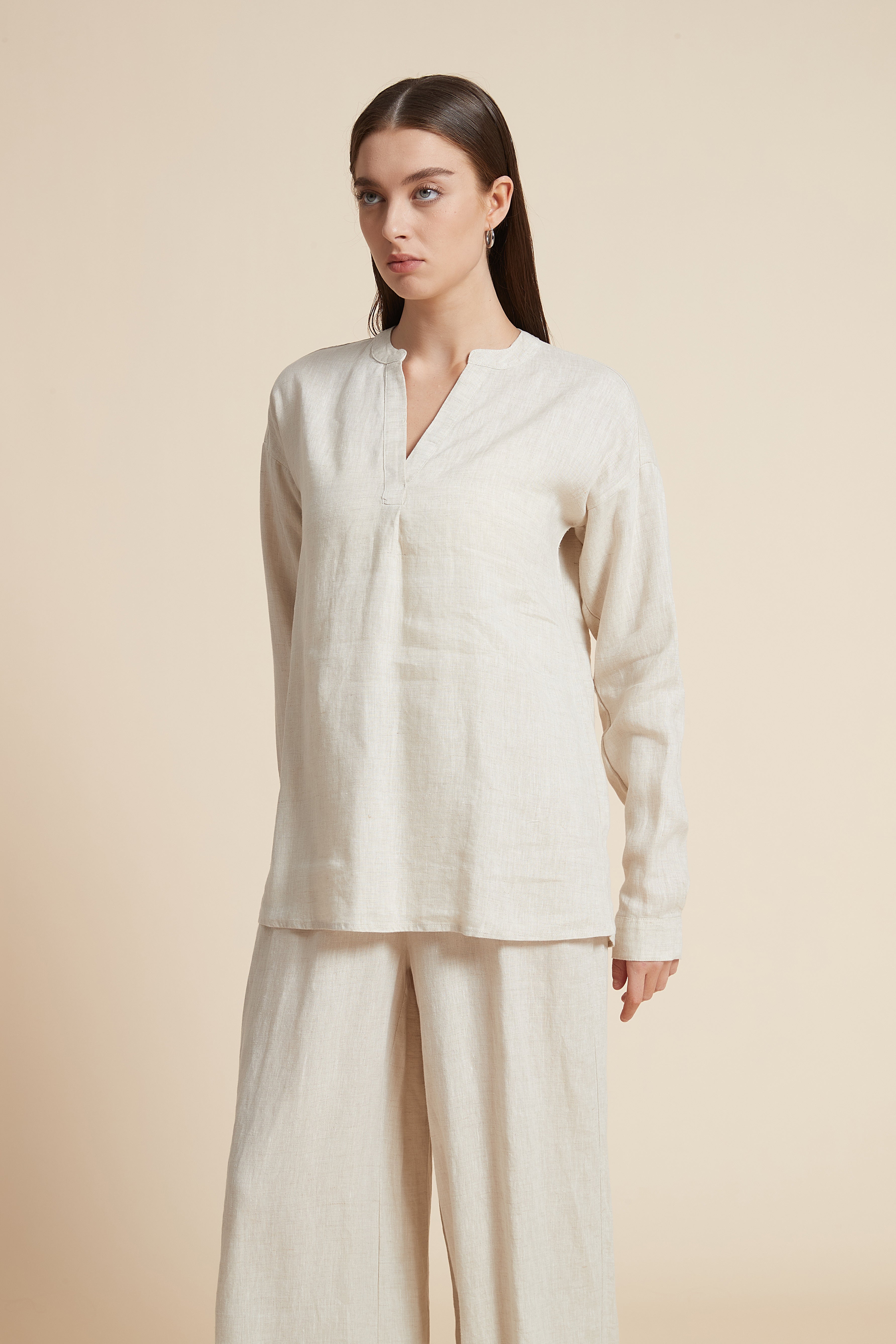 Solid Long Sleeve V-Neck Blouse