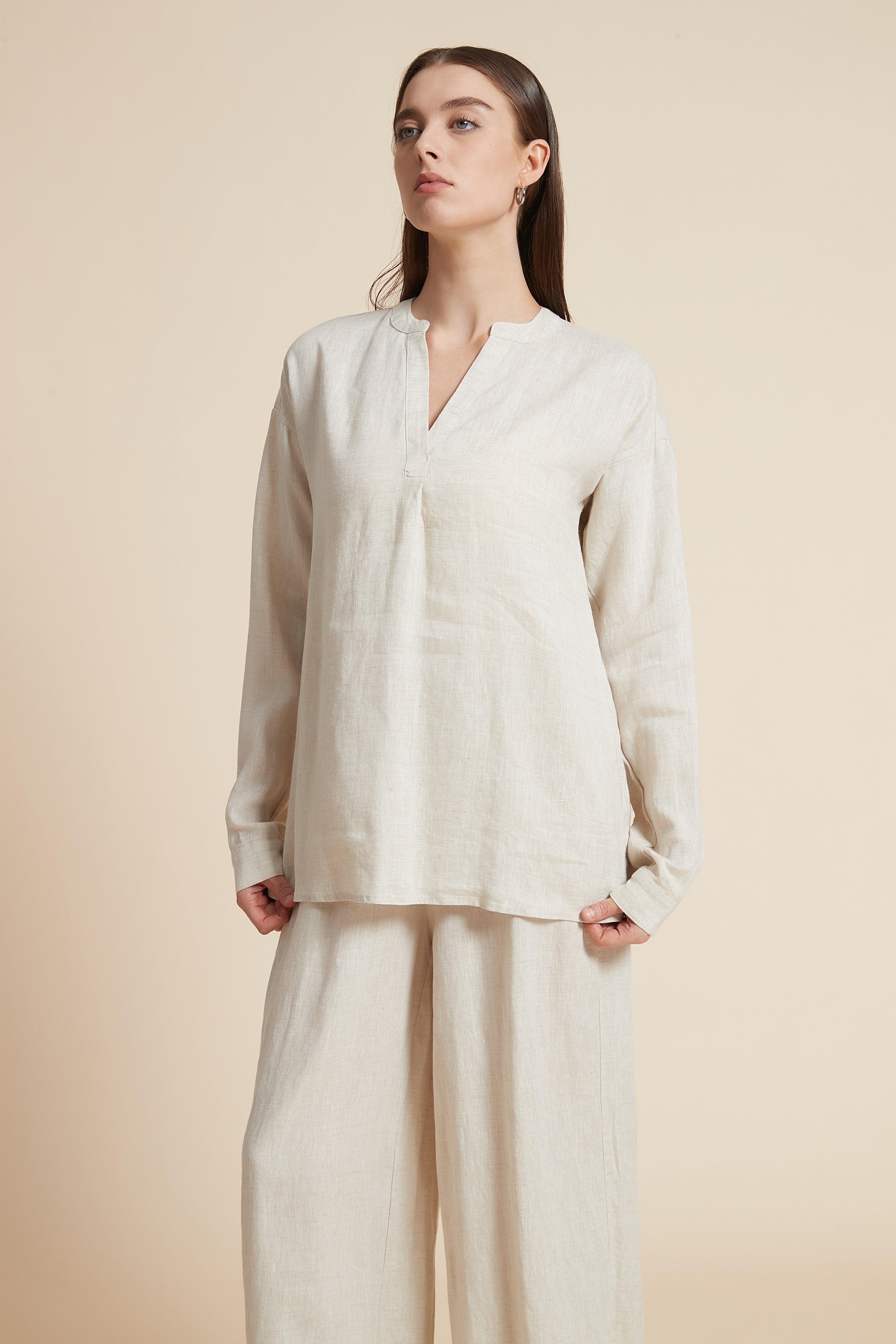 Solid Long Sleeve V-Neck Blouse