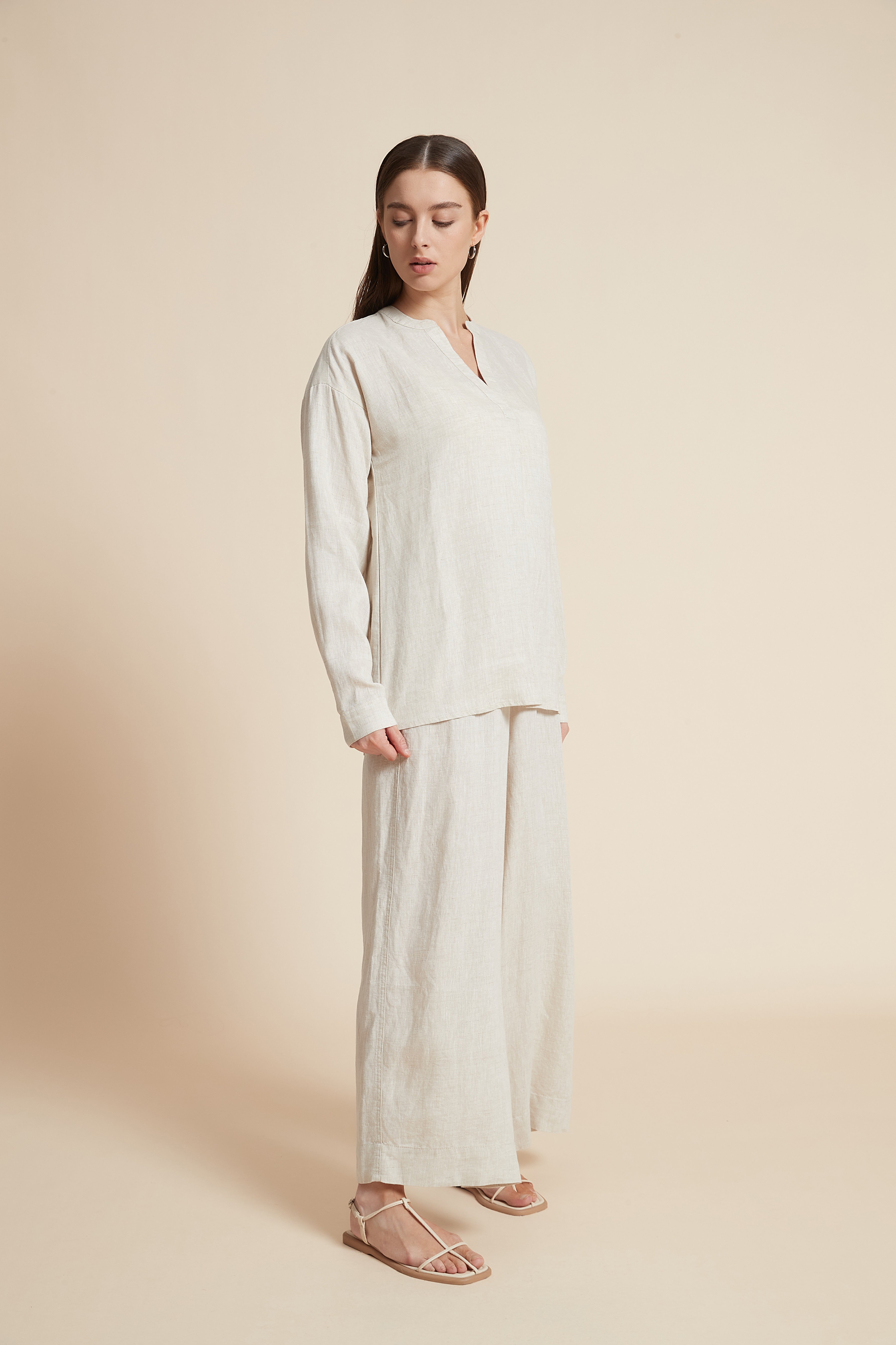 Solid Long Sleeve V-Neck Blouse