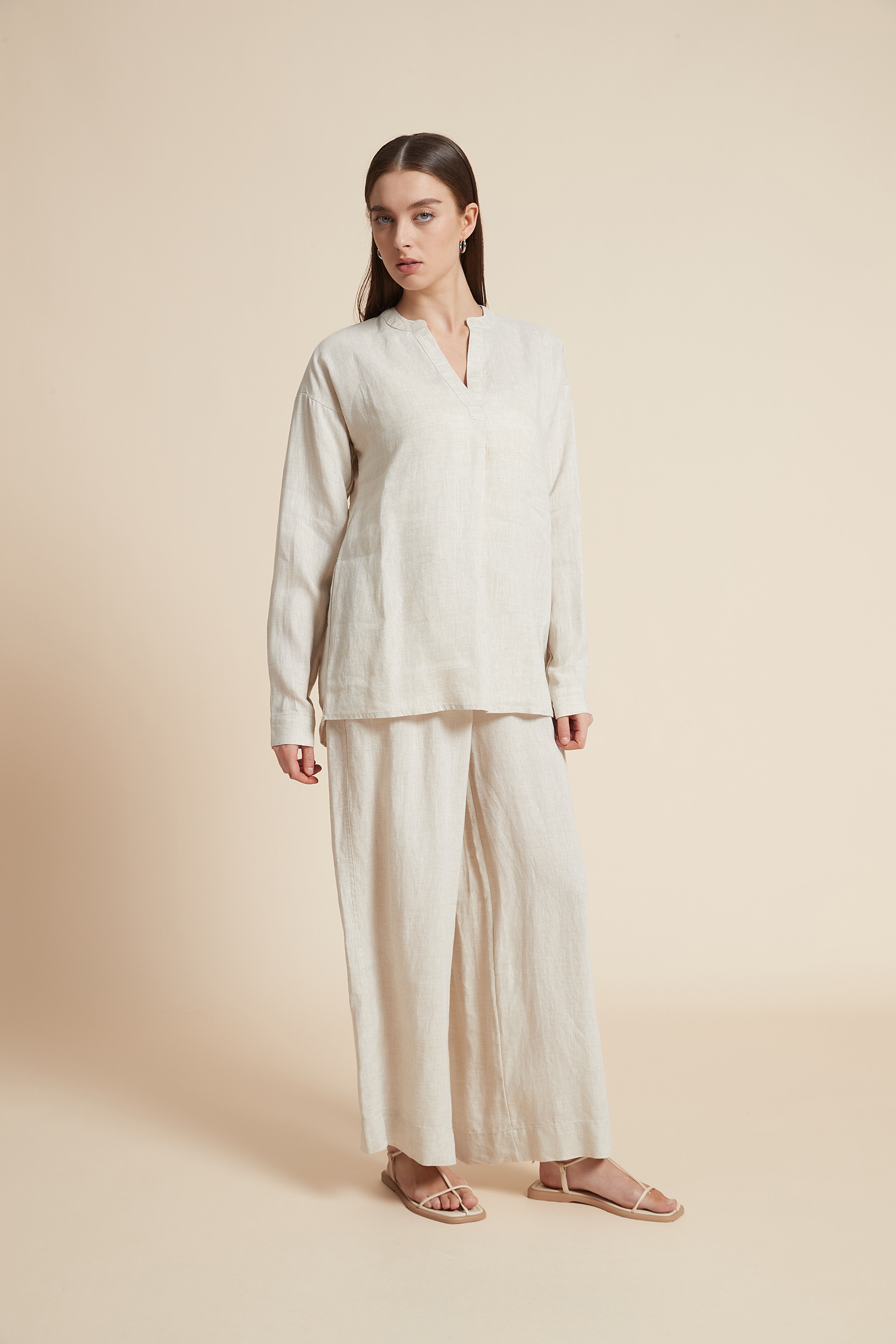 Solid Long Sleeve V-Neck Blouse