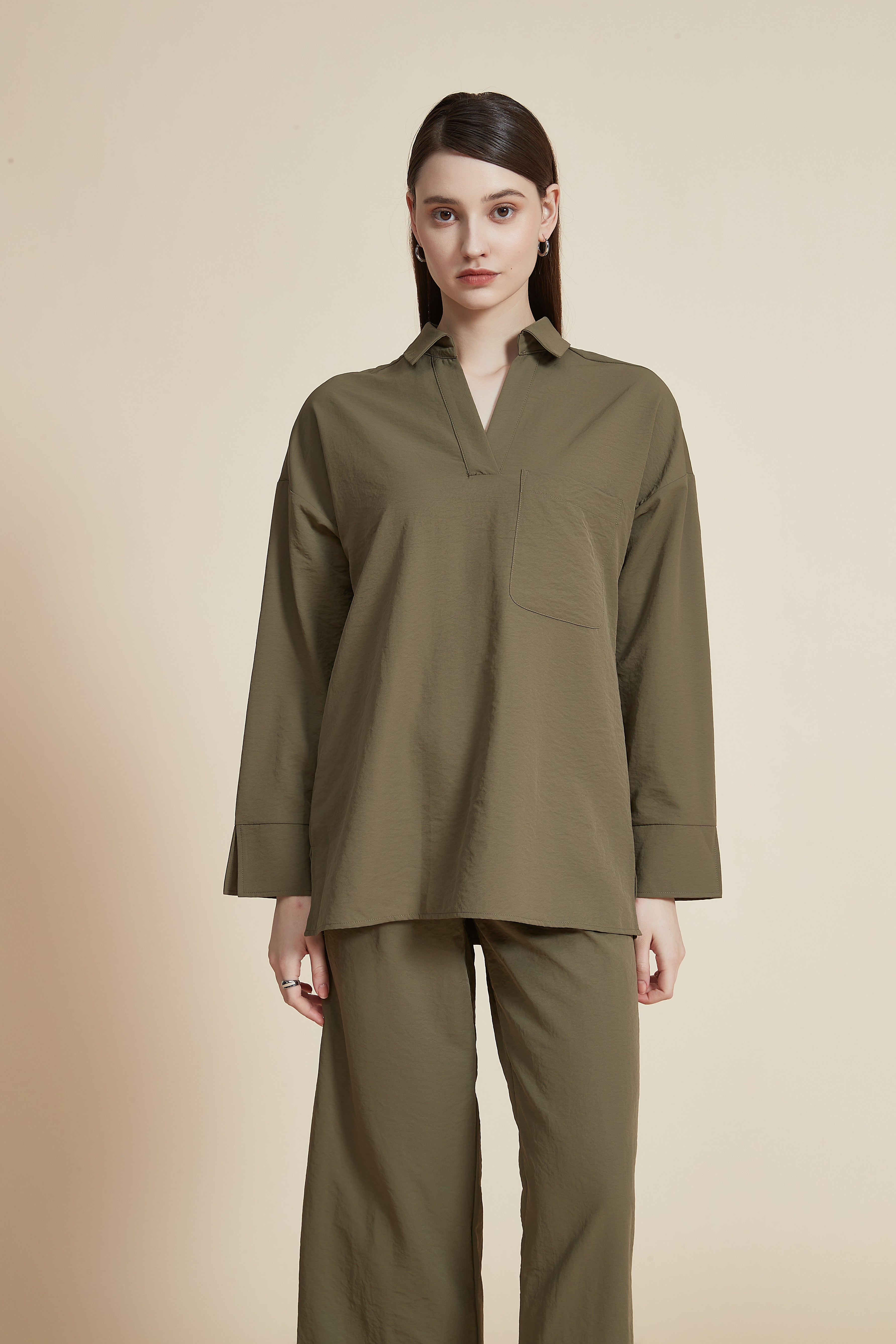 Hip-Length Long Sleeve Blouse with Pocket and Shirt Collar