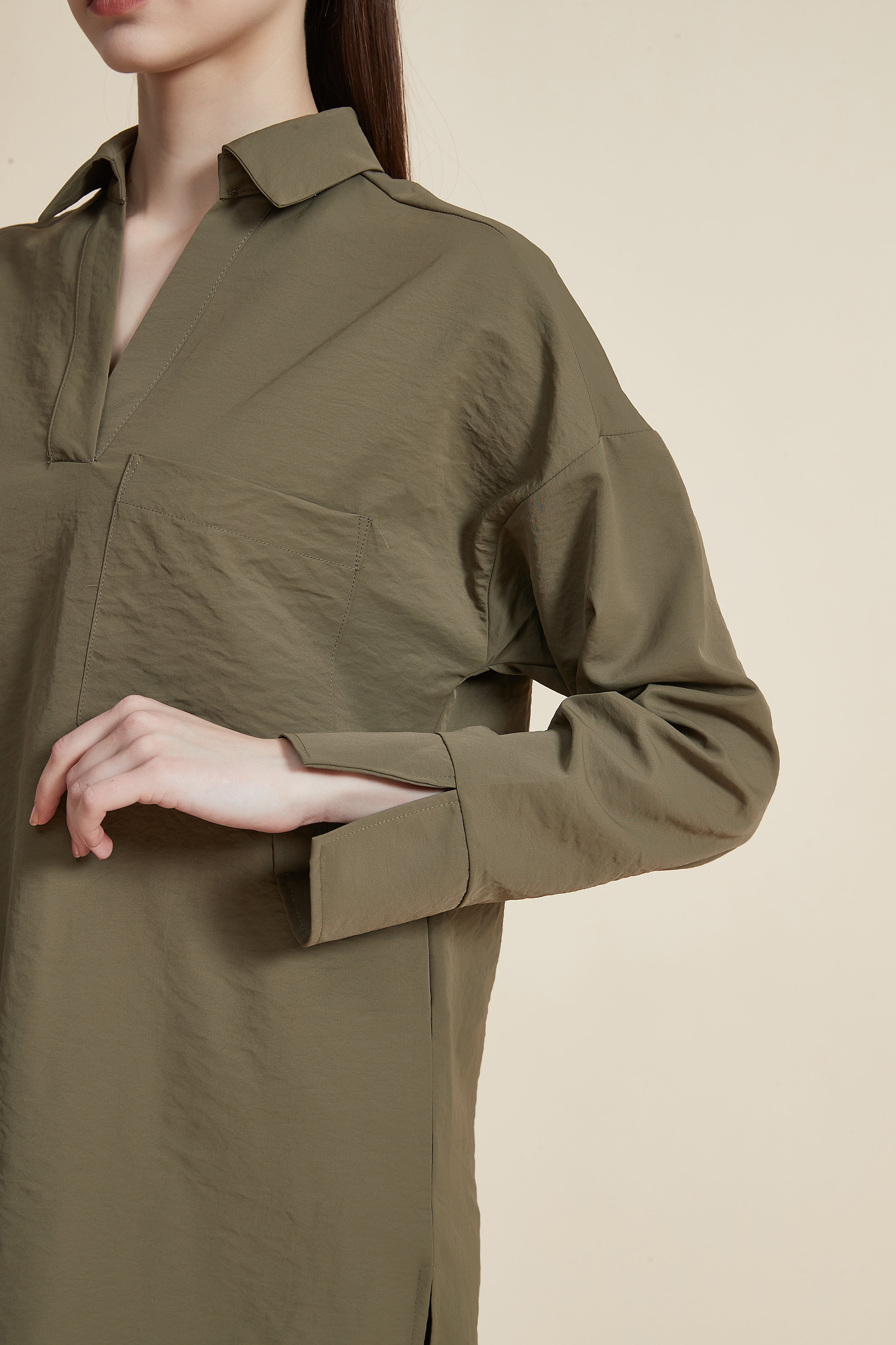 Hip-Length Long Sleeve Blouse with Pocket and Shirt Collar