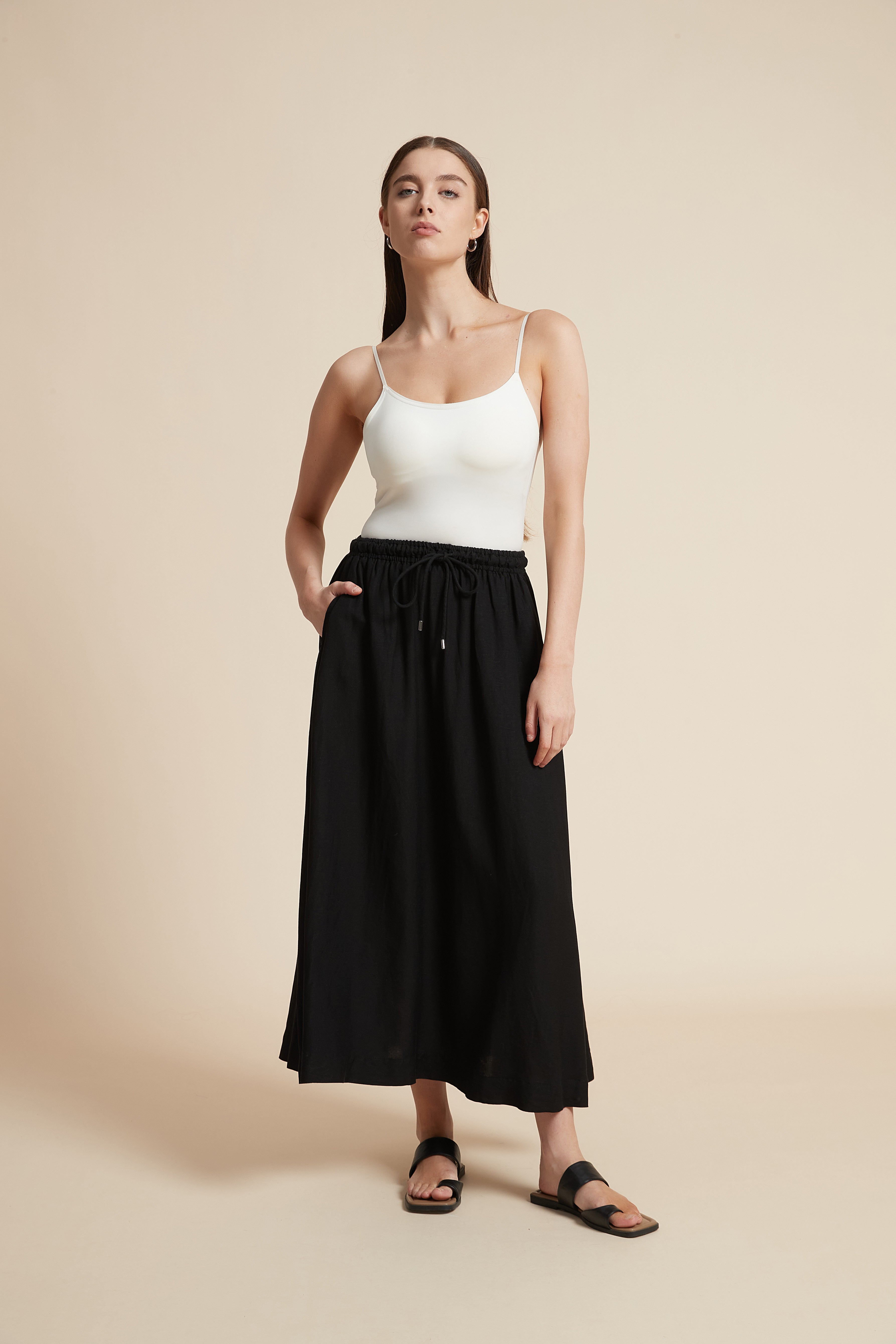 Plain Midi Skirt with Flared Cut and Waist Tie